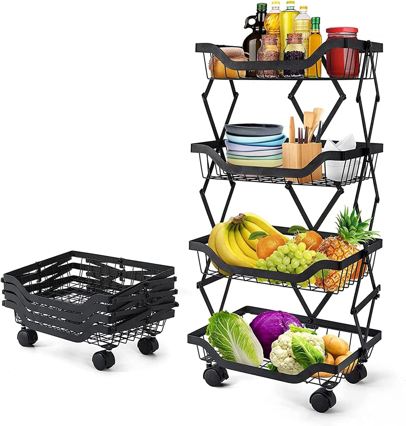 Cloyster Kitchen Storage Basket Fruit Basket Stacking Vegetable Storage Cart with Wheel Rolling Fruit Basket Snack Organizer Utility for Kitchen Bathroom Living Room (4 Tier)
