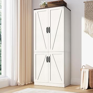 Hlivelood 75 Tall Farmhouse 2 Doors Armoire Wardrobe Closet with LED,Freestanding Closet Wardrobe Cabinet for Bedroom with Hanging Rod,Wooden Armoire Storage Cabinet Adjustable(Rustic Off White)
