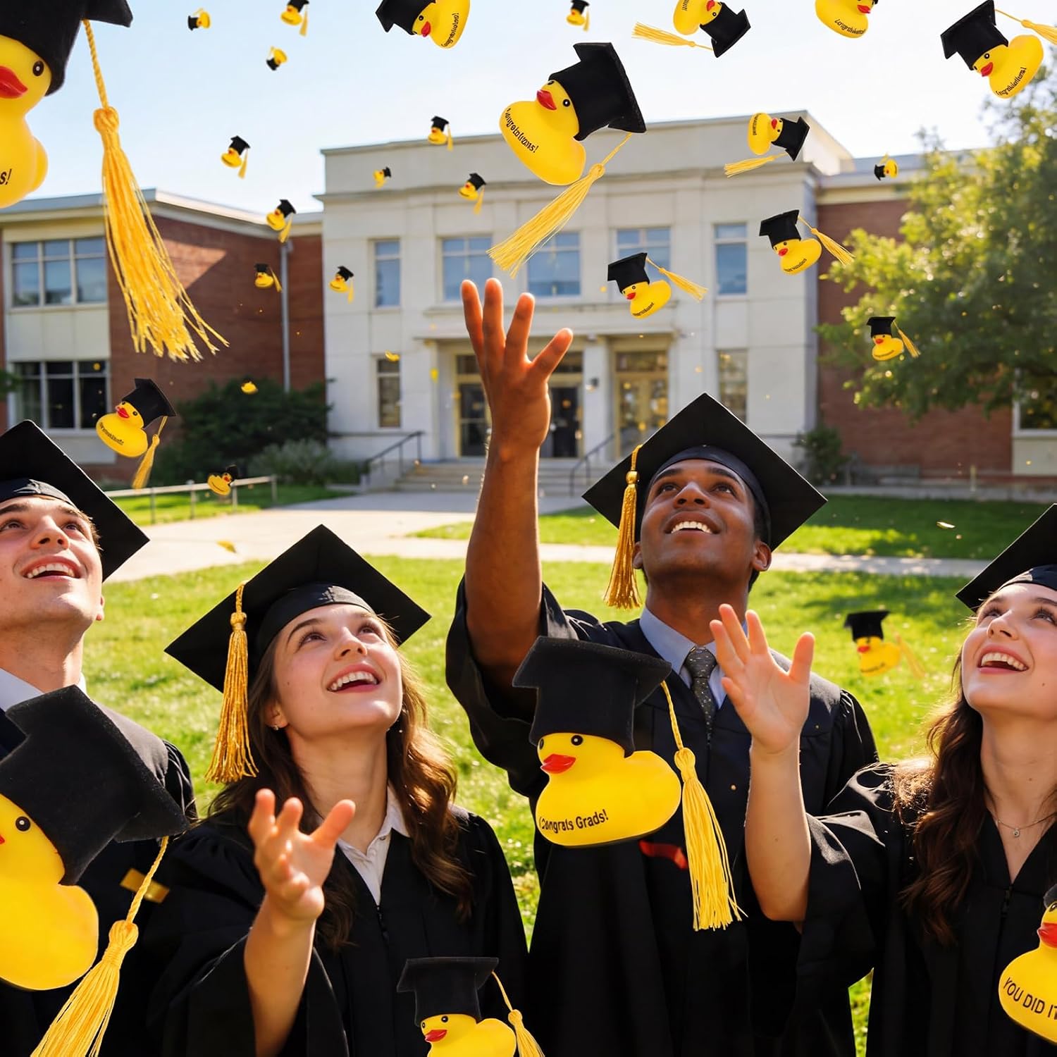 Dunzoom 96 Pcs Graduation Ducks Gifts Bulk 2'' Graduation Rubber Ducks Class of 2026 Decorations with Grad Cap, Gift Card, Organza Bag for Grad Bath Pool Party Favors(Black)