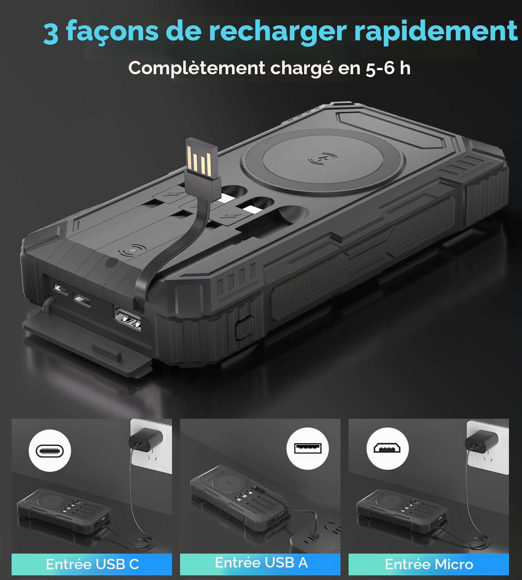 56800mAh Batterie Externe Solaire: 30W PD 3.0A USB C Power Bank Charge Rapide avec 4 Câbles, 6 Sorties/3 Entrées, 15W Chargement sans Fil, Lampe de Poche, Voyant LED, Chargeur Externe pour Téléphone