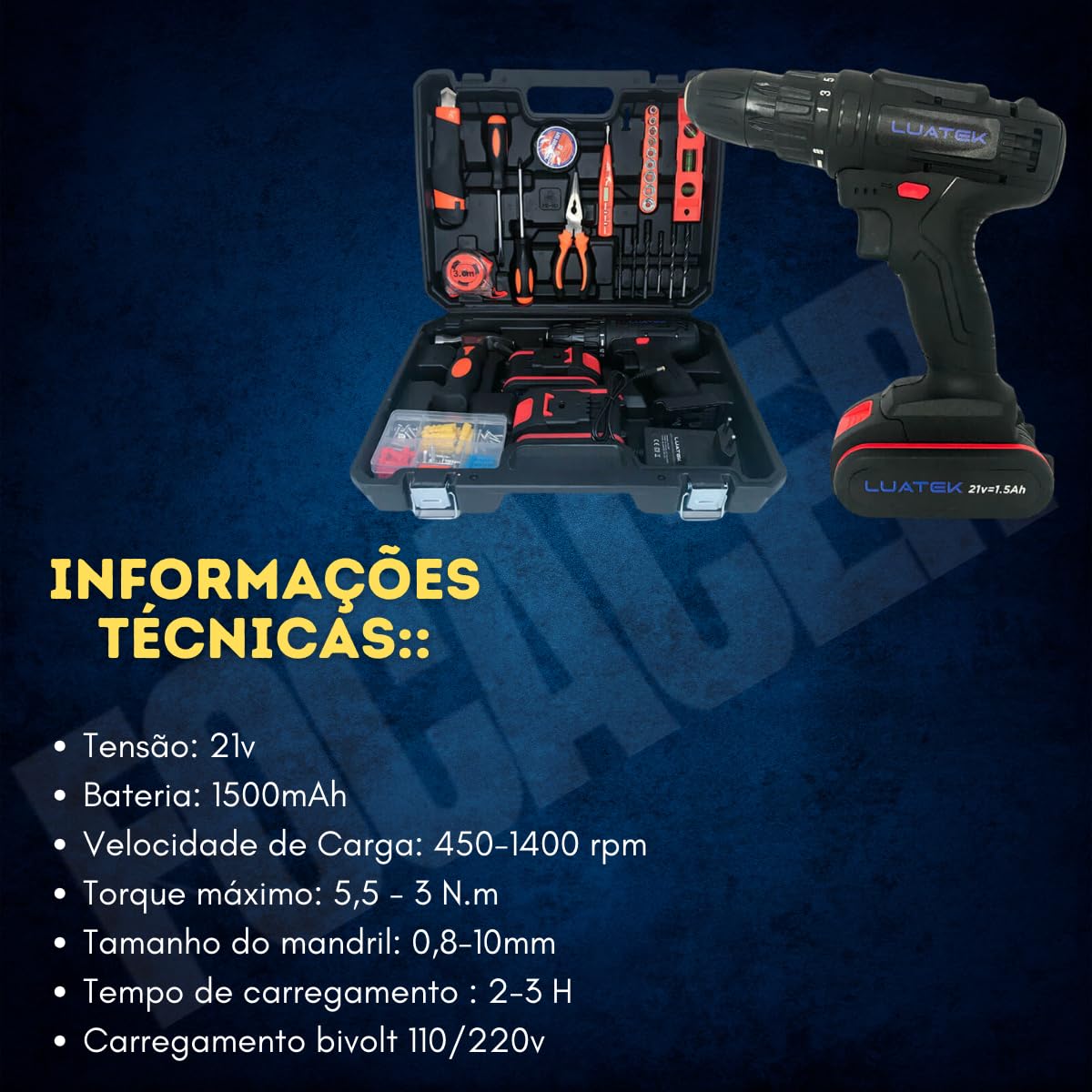 Kit Parafusadeira Furadeira 21v + ferramentas Com Maleta +