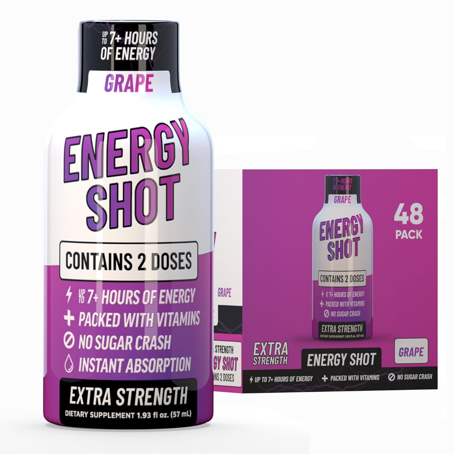 Grape Extra Strength Energy Shot 48 pk – 260mg Natural Caffeine B12 B6 – Energy & Focus Support – 2 Servings Sugar Free Zero Calorie Green Tea B-Vitamins Electrolytes Vegan – 1.93 fl oz