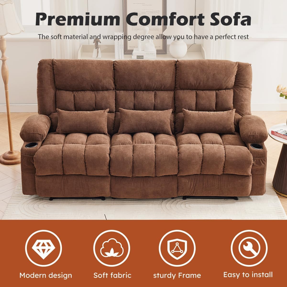 MAHOMICO Recliner Sofa with Cup Holders for Living Room 3 Seat Manual Oversized Recliner Chiar with Ergonomic, Side Pocket for Adult view 8