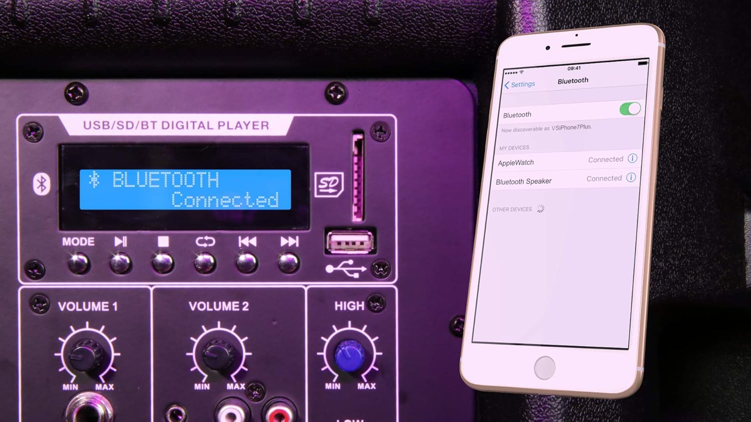 Close-up of the USB/SD/Bluetooth digital player on the speaker with remote control