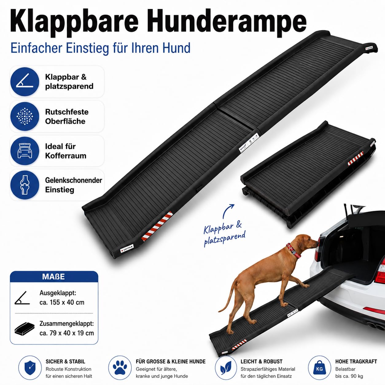 BITUXX® Hunderampe Auto klappbar bis 90 kg belastbar 155 x 39 x 9 cm | Einstiegshilfe Hund Antirutsch Oberfläche leicht zusammenklappbar Rampe für Hunde Autorampe