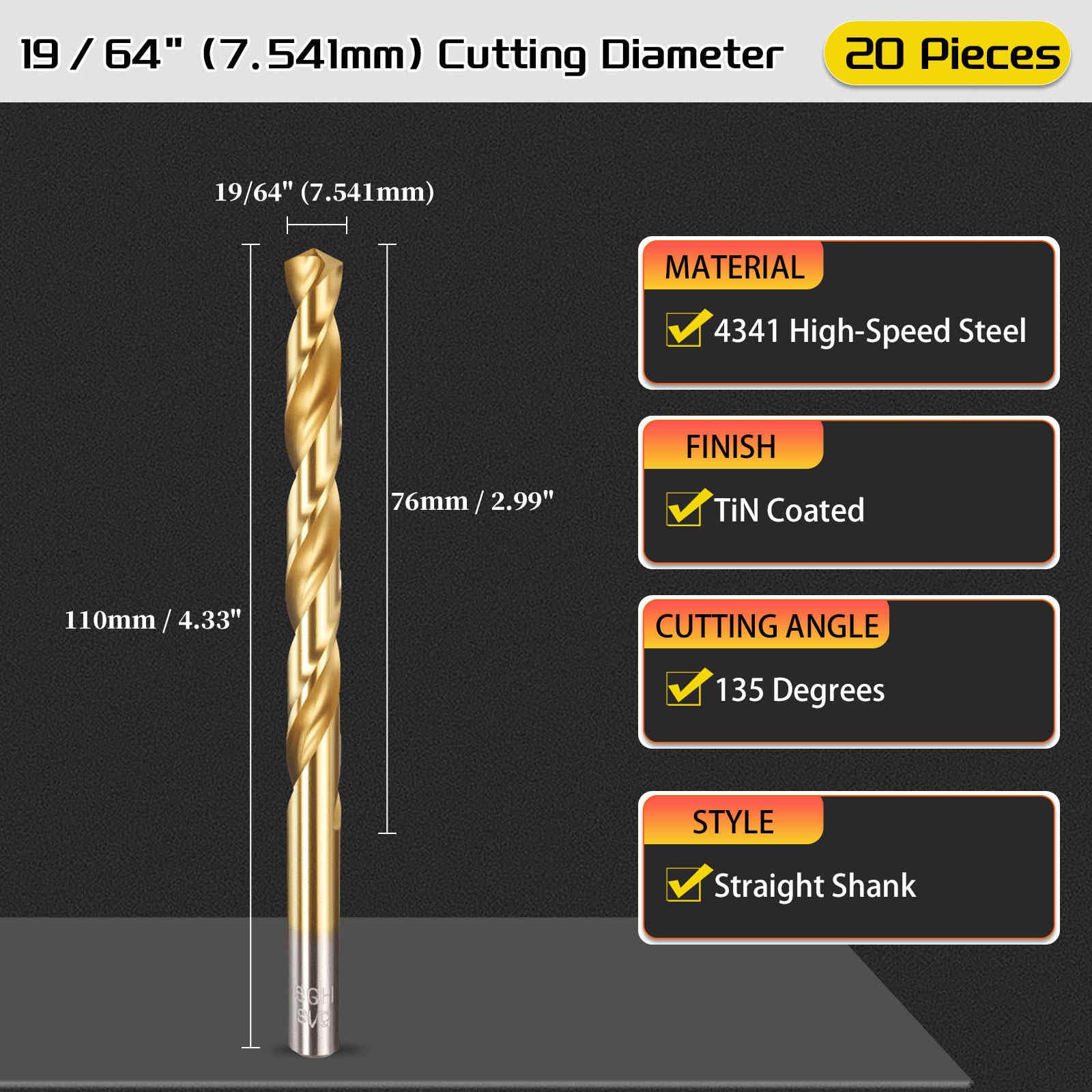 CoCud 7.5mm Drill Bit, 19/64" Cutting Diameter, 4341 HSS Jobber Bits TiN Coated 135° Cutting Angle - Image 2