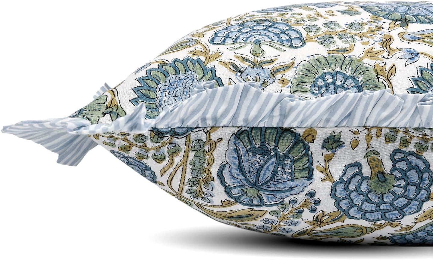 Ridhi Block Print Asparagus Green 36"x14" Set 1-100% Cotton Ruffle Lumbar Sham Cover Boho Floral Pillowcase, Farmhouse Cottagecore Bedding, Soft Decorative Cover Gift for Spring, Easter, Valentine - Image 2