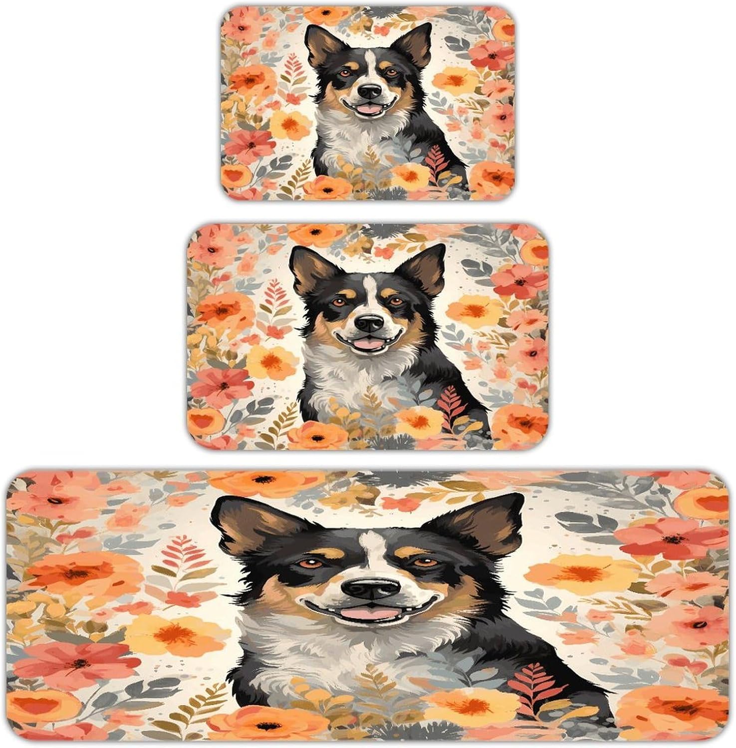 Cattle Dog Florals Kitchen Rugs Sets of 3 Washable Non Slip Kitchen Rug Water Resistant Carpet Piece Anti Fatigue Kitchen Mats Soft Comfort Standing Mat Modern Area Rug