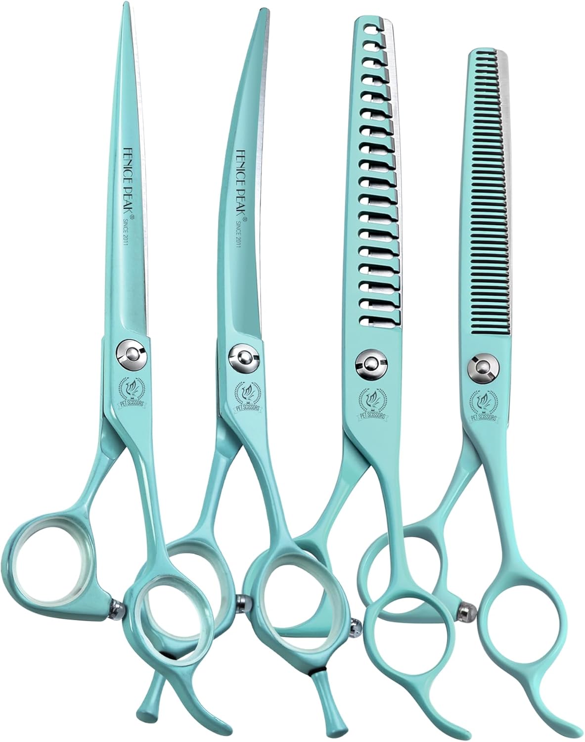 Fenice Peak 7″ Professional Dog Grooming Scissors Set, Japanese 440C Stainless Steel Straight Thinning Curved Chunker Shears for Pet Grooming, Trimming Face, Paws, Green