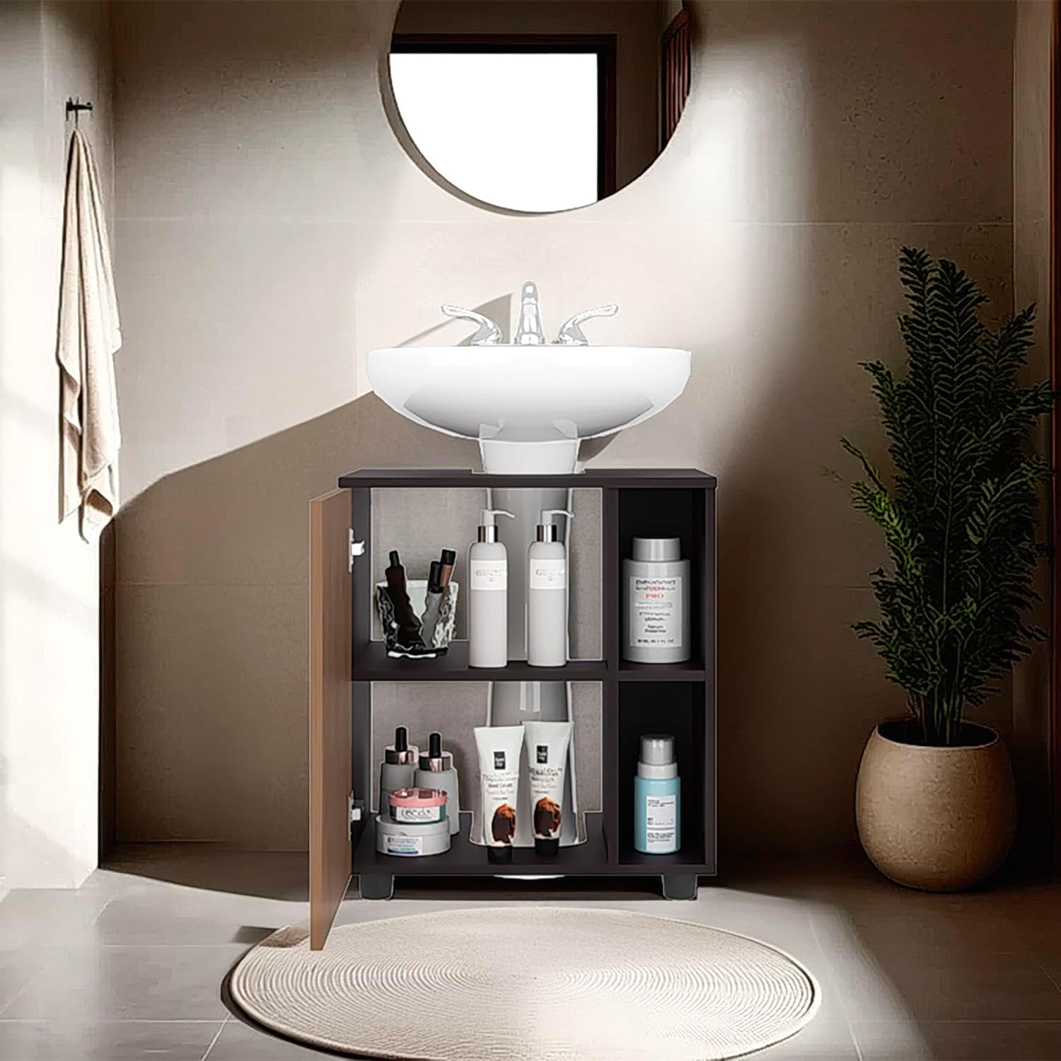 Geelife Pascuale Two Side Shelves Under Sink Cabinet with Cut-Out Back, Compact Bathroom Storage, Black, Oak