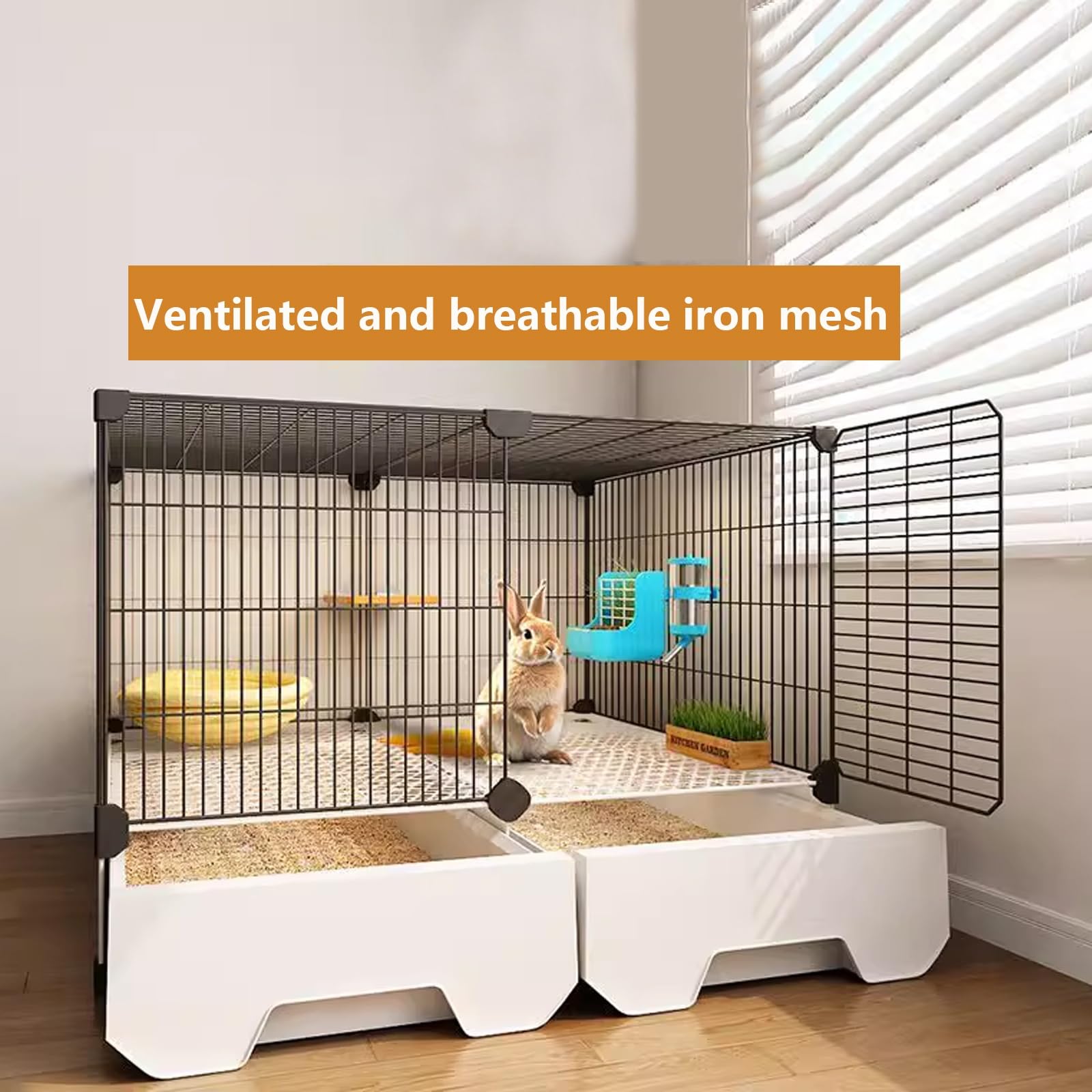 Gabbia per conigli con cassetto WC, ventilata e a prova di fuga, accessori completi inclusi, rete di ferro, 105 cm x 35 cm x 52 cm