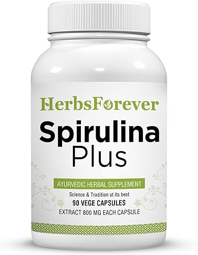 Herbsforever Cápsulas de Spirulina Plus  Suplemento dietético  Fuente de minerales y proteínas  90 cápsulas vegetales  800 mg cada una