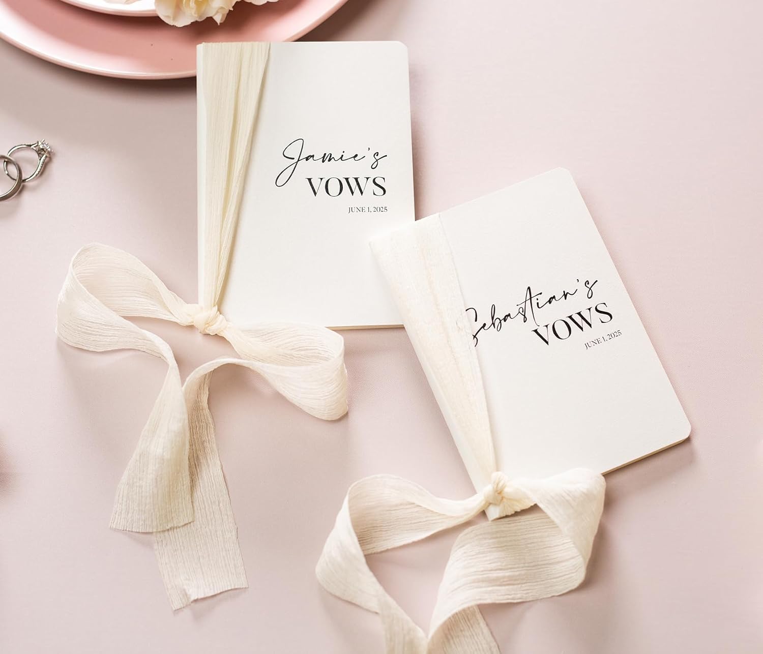 Modern Album Designs Set of Custom Slim White Vow Books w/Ribbon (Set of 2) - 5.625 x 4 Minimalist Pocket Sized Romantic Wedding Ceremony Vow Renewal Speech Notebook Journal