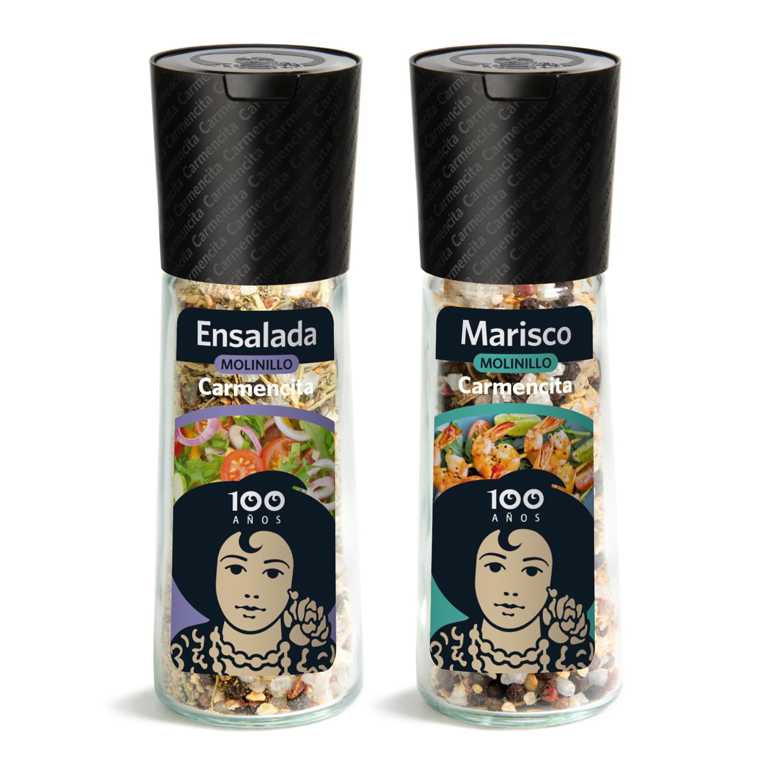 CARMENCITA - Pack Foodie 6 Molinillos de Especias para Cocinar | Sabores recién molidos | Sazonador Barbacoa | Pollo, Cerdo y Pavo | Pasta y Pizza | Verdura y Curry| Pescado y Marisco| Ensalada Vegan
