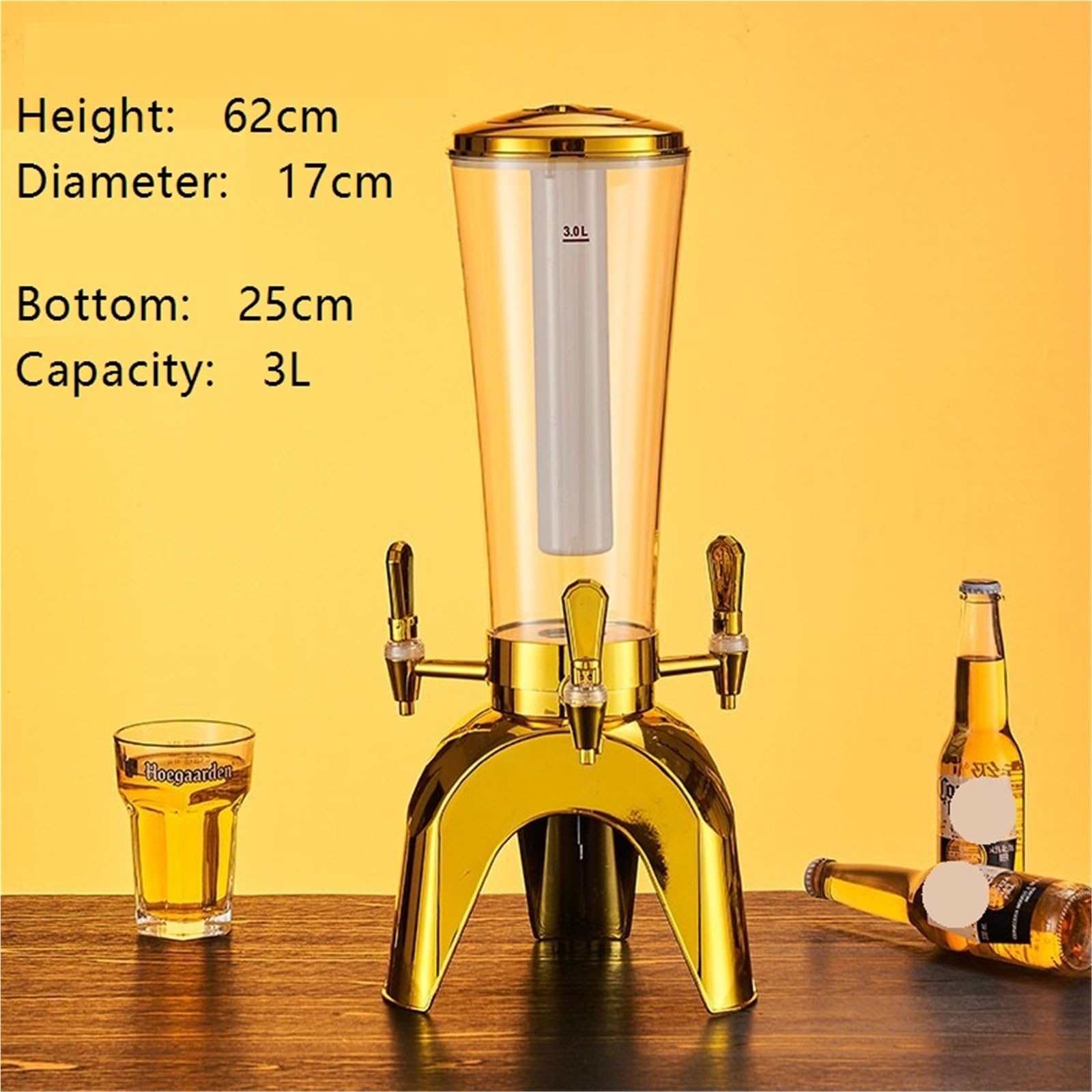 distributeurs de boissons Tour de bière 3L/100oz, distributeur de boissons avec Tube à glace et distributeur de boissons alcoolisées de table à trois robinets for fête verre(Champagne)