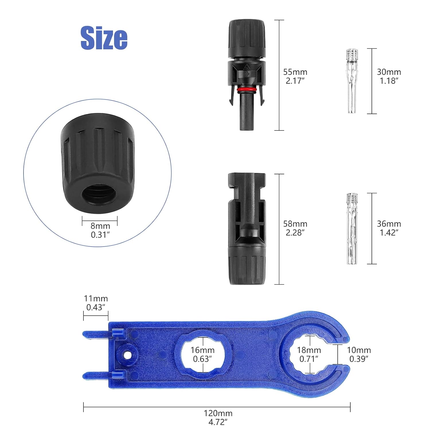 50PCS Solar Connectors, 25 Pairs with 2 Pack Wrenches - IP67 Waterproof, 1000V 30A Male/Female, Multi-Contact, 4 Connectors for 2.5/4/6mm Solar Panels