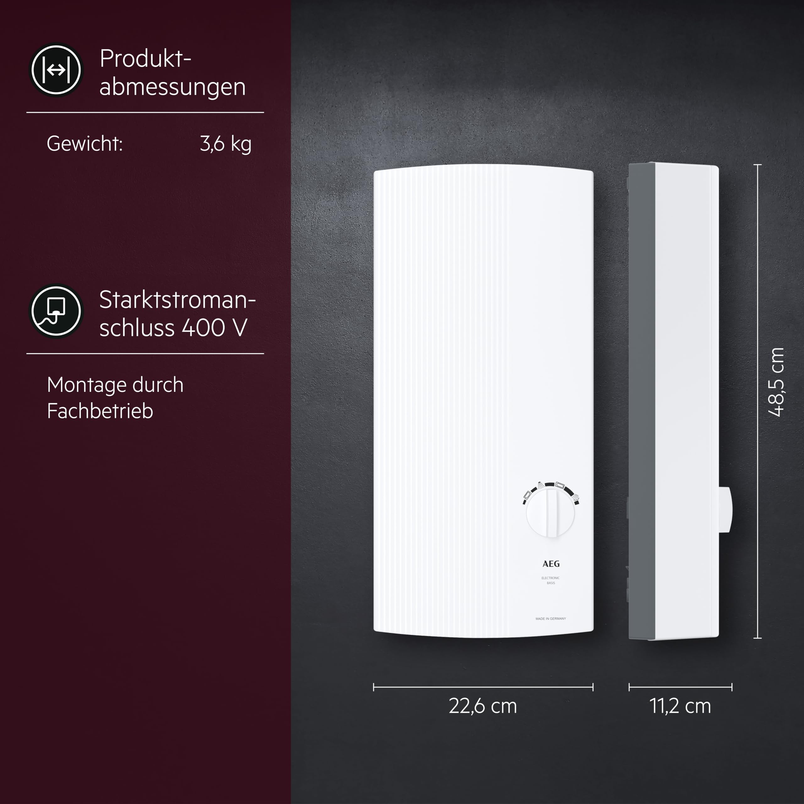AEG elektronischer Durchlauferhitzer DDLE Basis 18/21/24 kW, umschaltbar, stufenlose Temperaturwahl durch 4 Anwendungssymbole, Festanschluss 400V, VDE geprüft, 222390