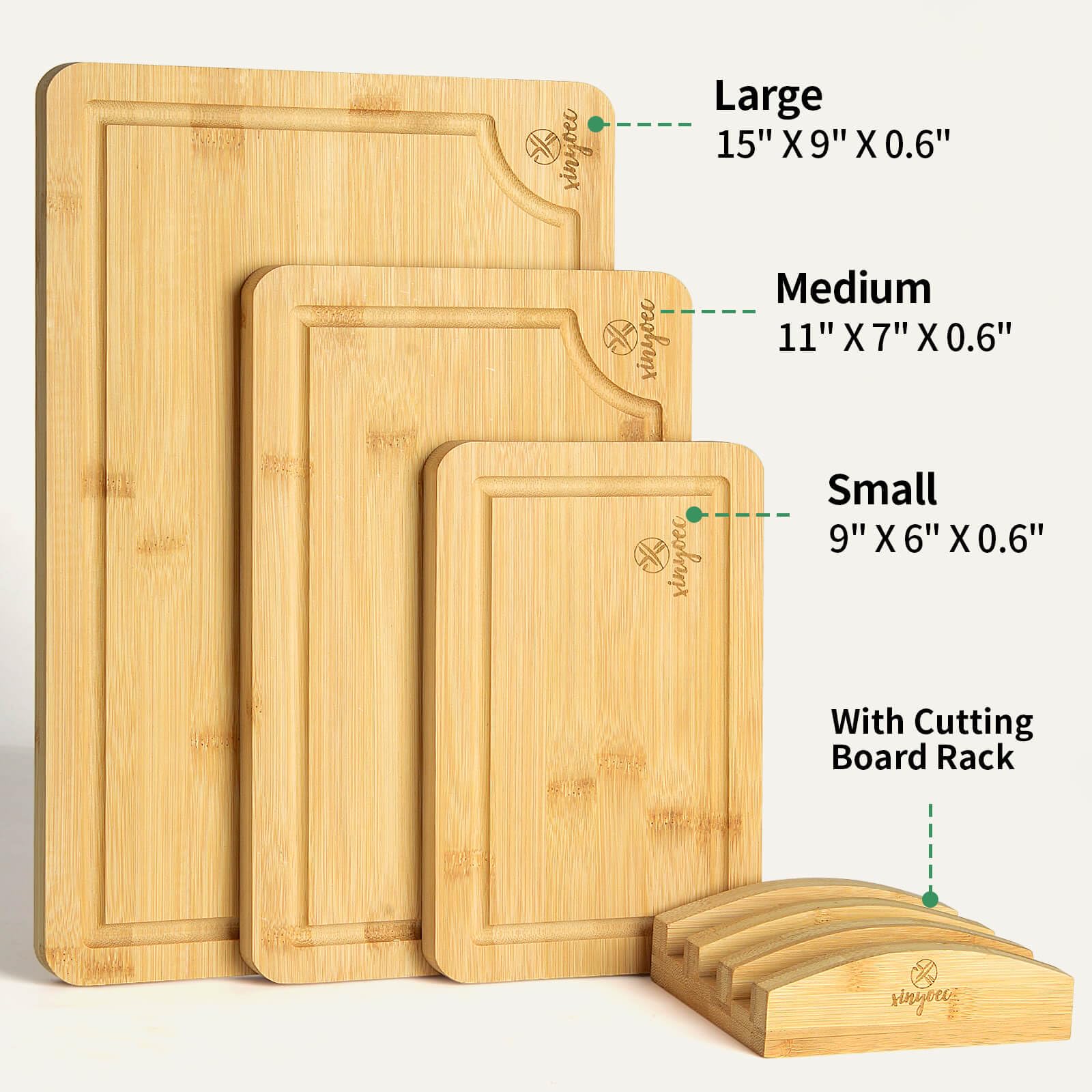 Juego de tablas de cortar de bambú para cocina, juego de 3 tablas de cortar con ranura y estante para tabla de cortar, ideal para cortar carne, verduras, frutas, queso