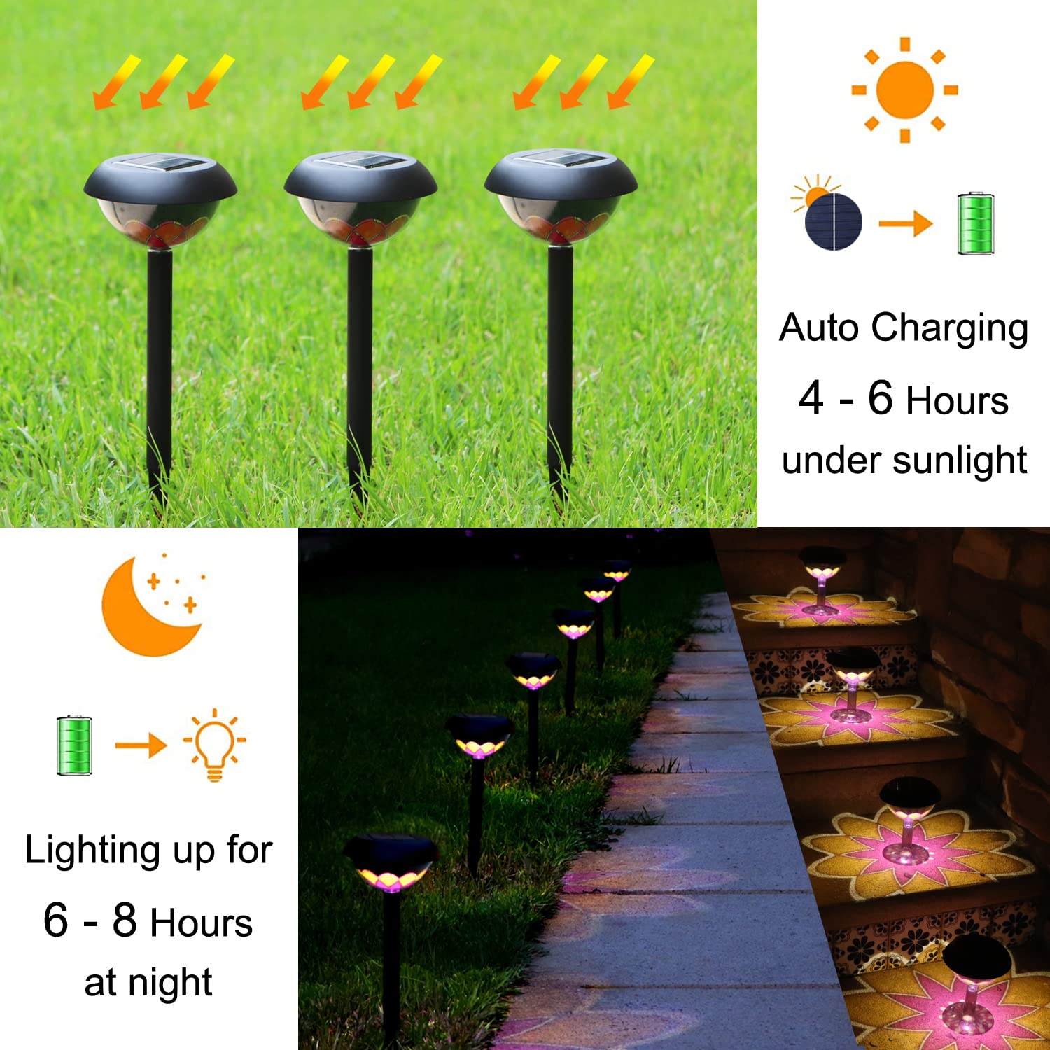 DoinMaster 6 Pack Bright Waterproof LED Solar Flower Shade Decorative Light - Patio Pathway Light, Floor Light (Concrete/Wood Floors), Tabletop Light - with Base and Fixing Screws (A, 6 Pack)