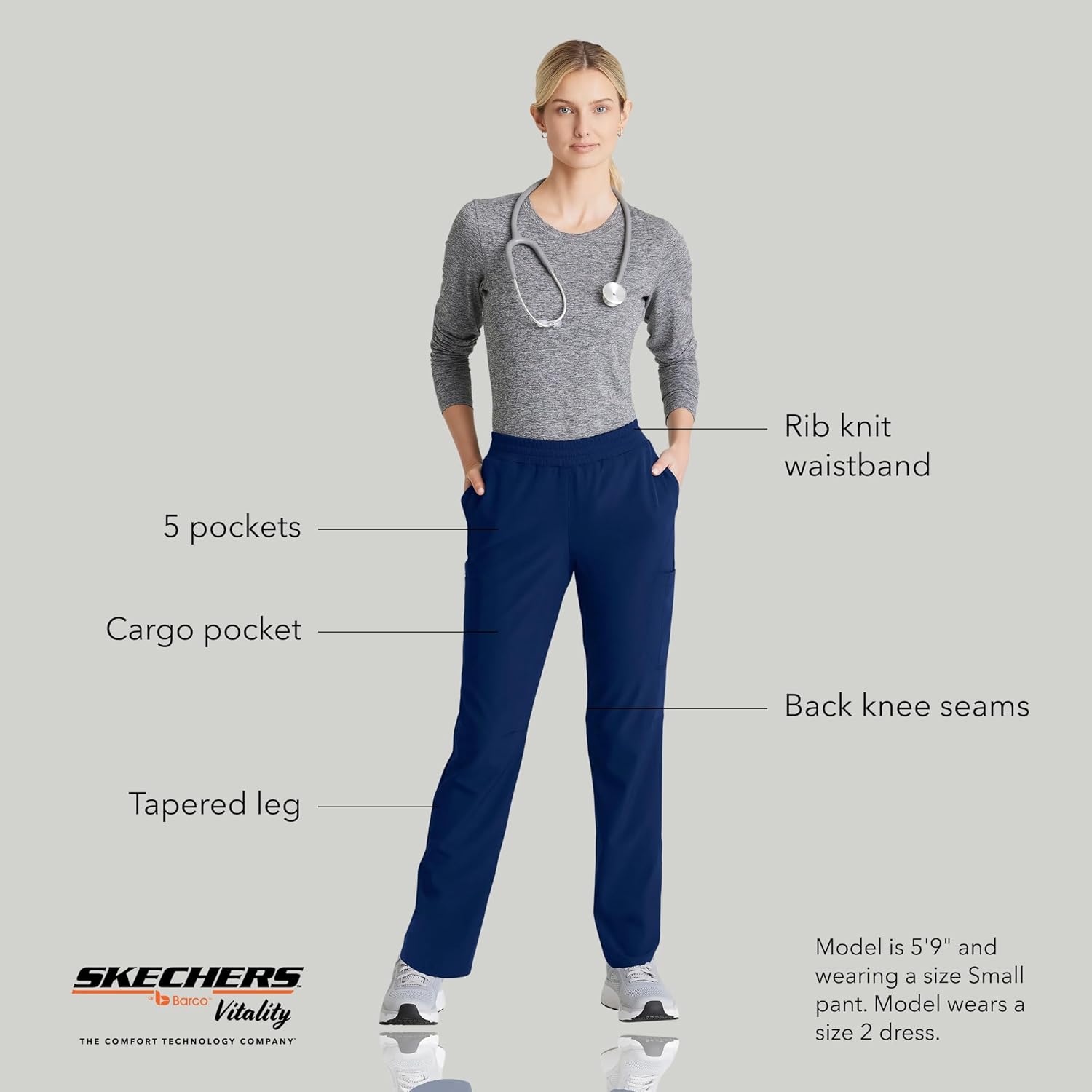 Skechers by BARCO Vitality Aura Classic Fit Straight Leg Scrub Pant for Women – Mid-Rise, 5-Pocket Bottom with 4-way Stretch