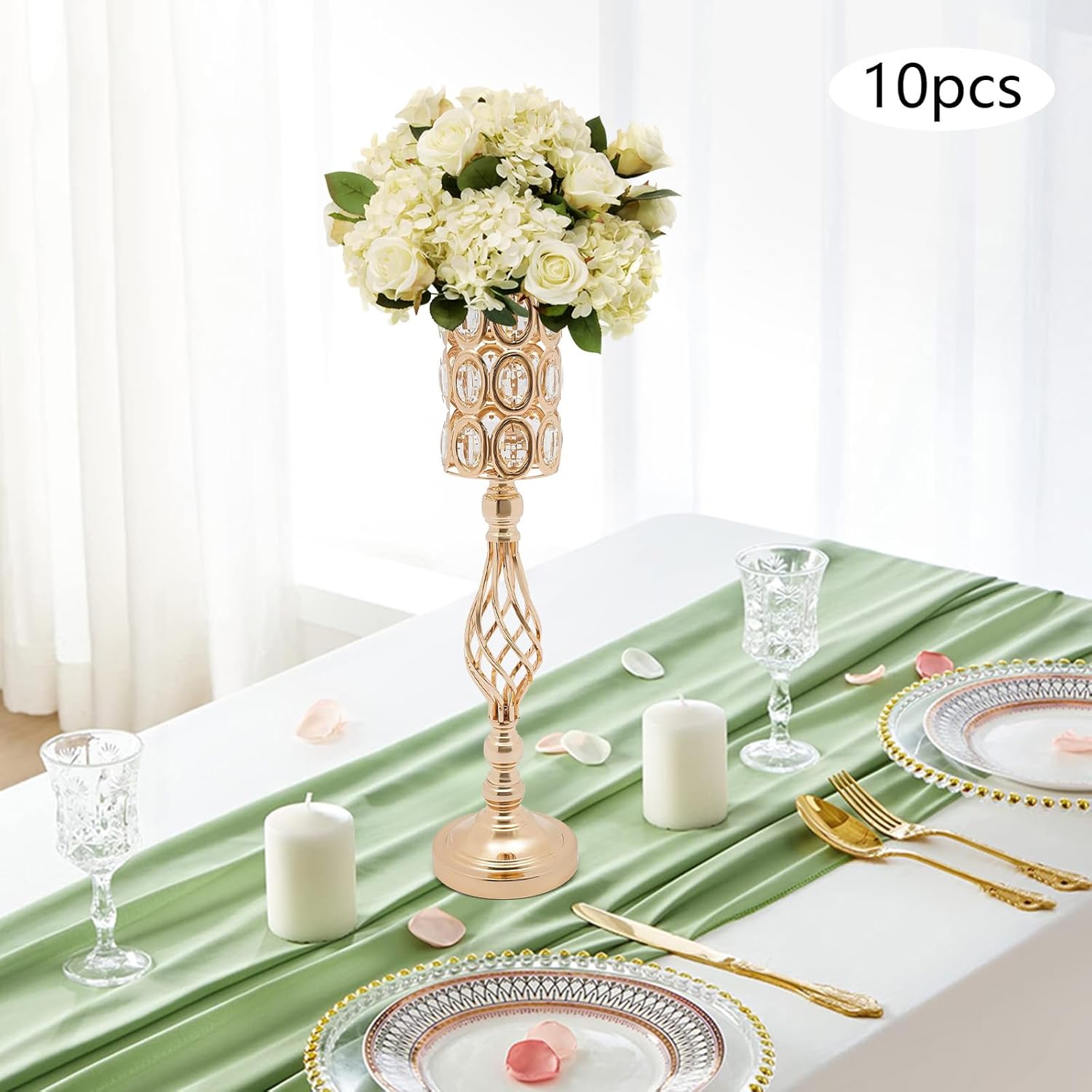 10PCS Gold Flower Vases Table Decorations, 24Inch Wedding Flower Vases Stand Set, Metal Trumpet Tall Vase for Event Restaurant Hotel Party Centerpieces, Vintage Style