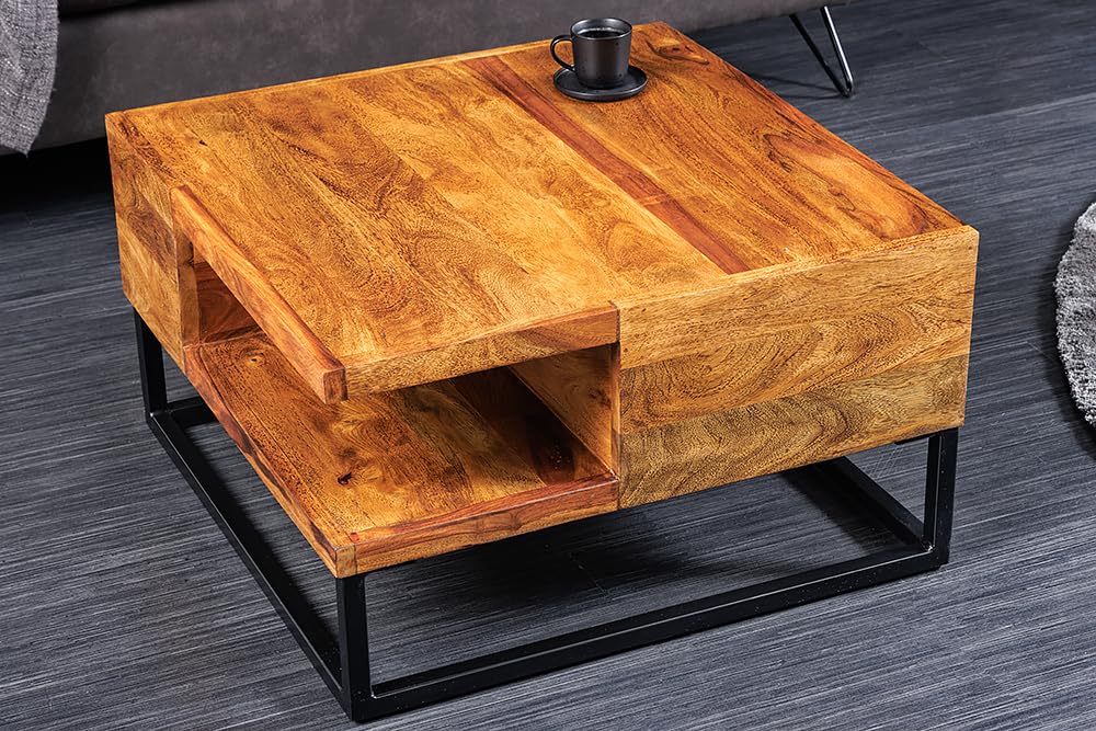 Couchtisch GIANT 60cm - schwarz - Sheeshamholz - handgefertigt Unikat | Massiv, montiert, Stauraum, hochwertig, individuelle Maserung, robust, Industrial Design, Ablagefach, Metallgestell