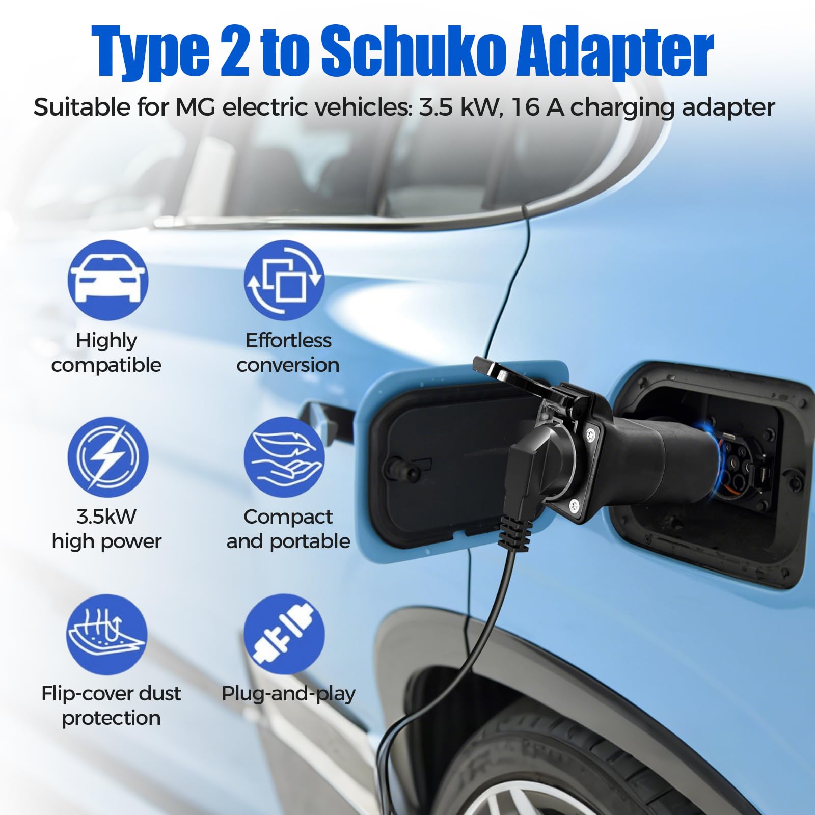 Adaptateur Type 2 vers Schuko, 3,5 KW 16A 220V Adaptateur de Station de Recharge Type 2 avec Lumière, Adaptateur V2L pour MG EV, Adaptateur de Recharge Compatible avec MG4, MG5, MG ZS, MG Marvel R