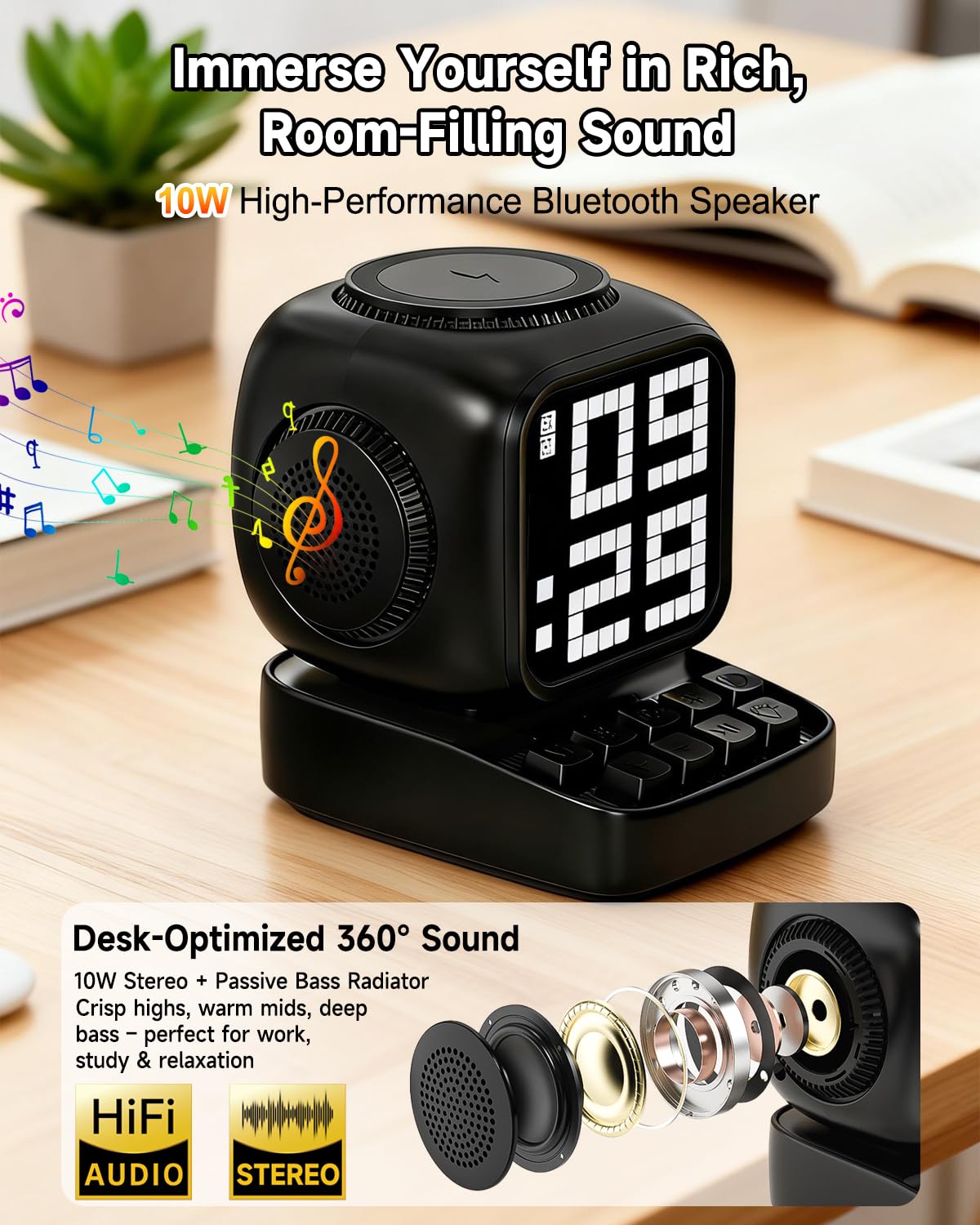 Altoparlante Bluetooth 5 in 1 con robot retrò: caricatore wireless da 15 W, schermo LED pixel, suono stereo da 10 W e 15 rumori bianchi, sveglia, altoparlante wireless portatile carino per camera da