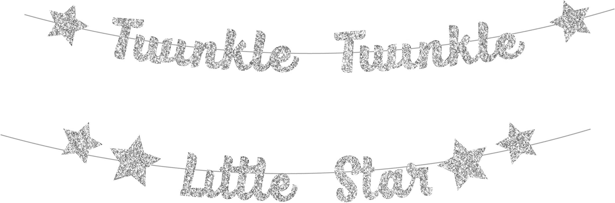 Twinkle Twinkle Little Star Banner in Silver Glitter (DIY) Do It Yourself by PinkFish Shop for Baby Shower or Birthday party Gender Reveal Sprinkle 1st Bday Glittery Garland Star Decorations