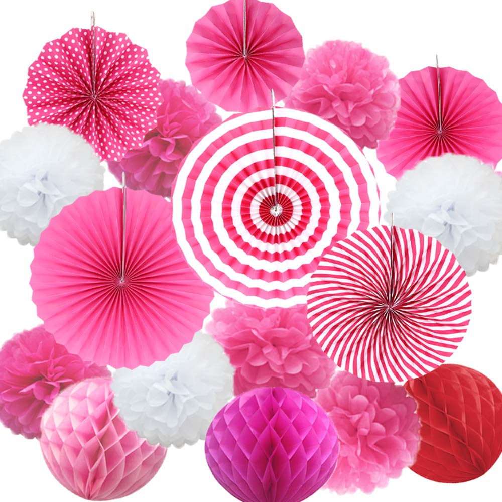 Time to Sparkle 18 Pack Hanging Paper Fan Set, Tissue Paper Pom Poms Flower Fan + Honeycomb Balls Birthday Baby Shower Wedding Decorations, Set-Rose Red Shade — image 1