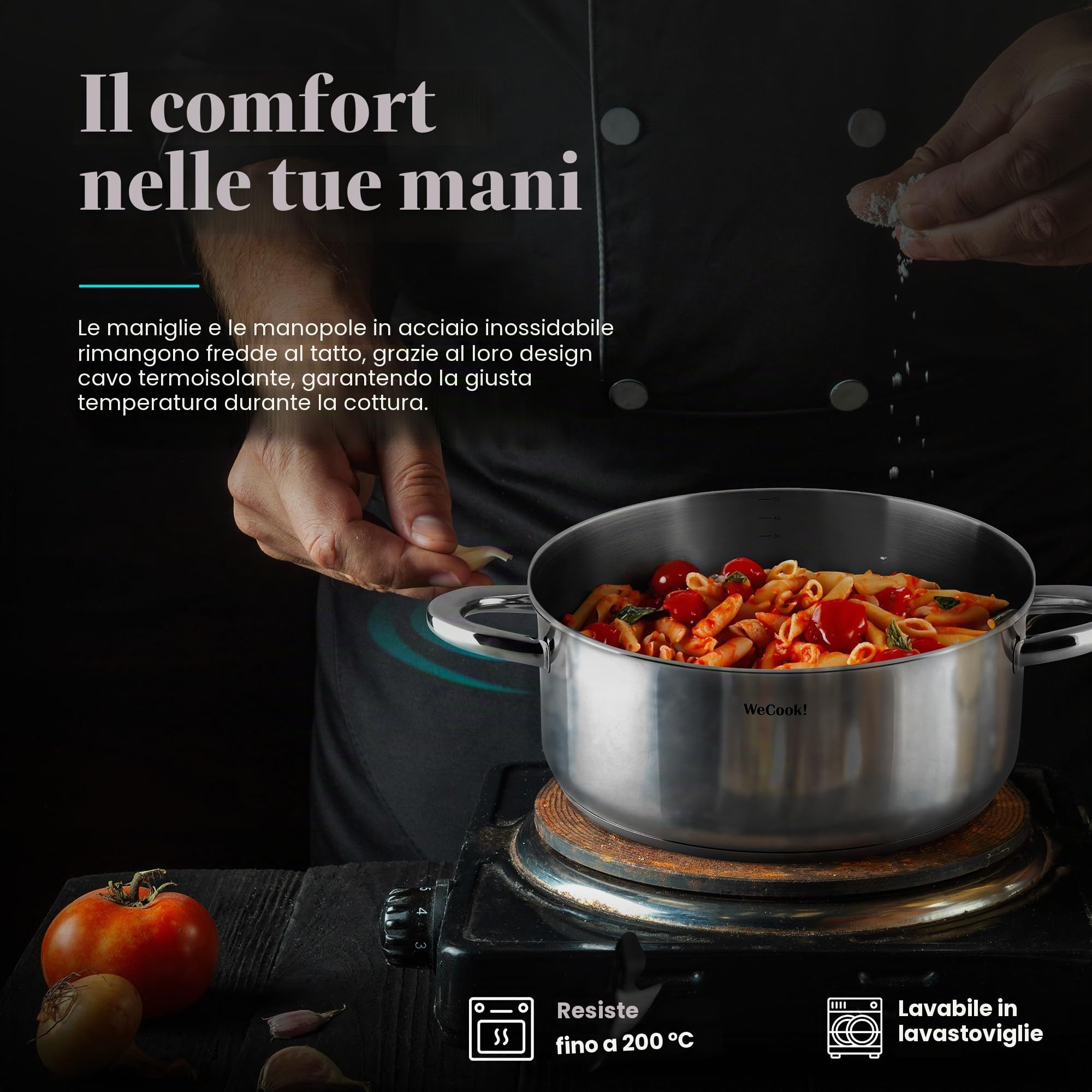 Wecook! Pentola in acciaio inossidabile 18/10 con coperchio in acciaio, Adatta a tutti i tipi di fornelli inclusa l'induzione, scala di misurazione integrata, Ø 24 cm, capacità 4,5 litri.