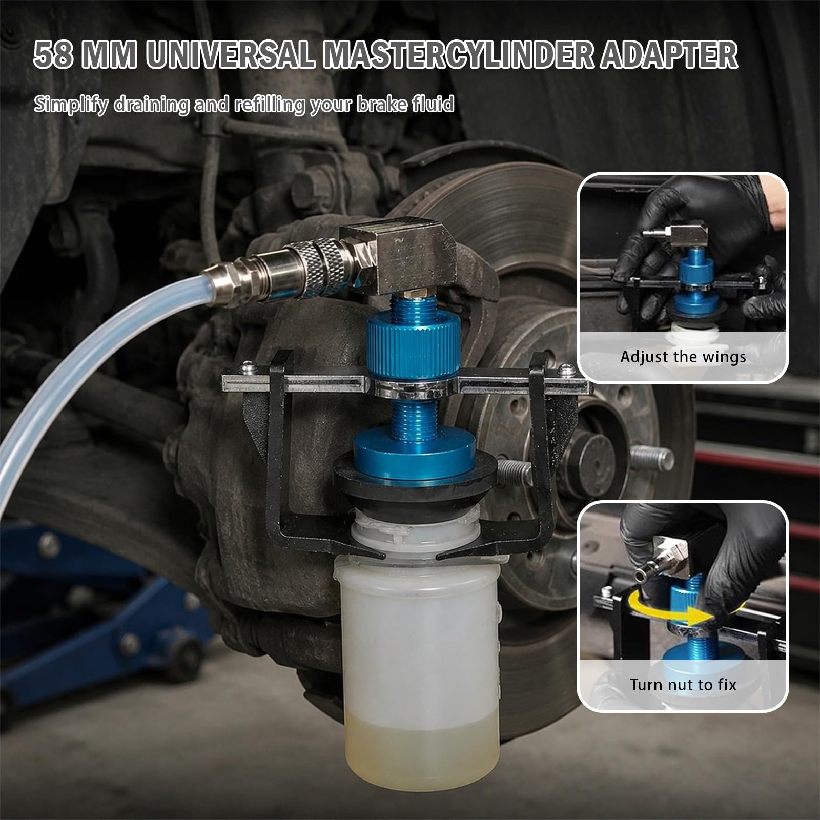 Uniwersalny pojemnik na płyn hamulcowy obracany o 360°, adapter 22-58 mm, 4 szybkozłączki EU/US/metryczne/japońskie do Buick, Cadillac, Chevrolet, Mazda, Honda, Toyota itp., pierścień uszczelniający