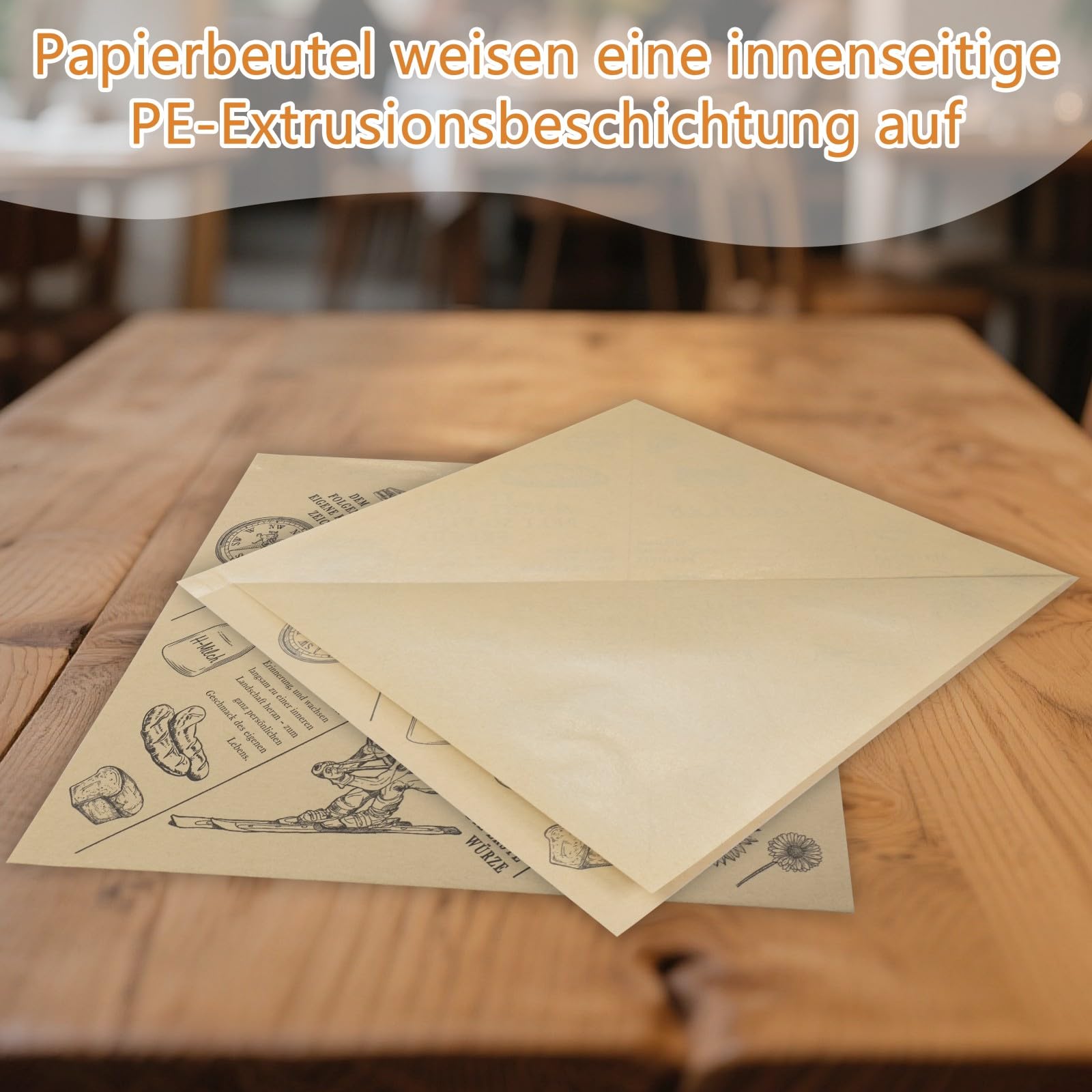 150 Stück Burger Tüten 18 x 18 CM, Einweg-Papiertüte für Lebensmittel beidseitig auf Deutsch bedruckt, ideal für Picknick, Feiern und den Haushalt