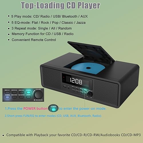 Miniatura 4 de Sistema estéreo compacto con reproductor de CD, Bluetooth, reloj de alarma dual, radio FM, sonido claro RMS de 20 W, entrada USBAUX, temporizador de