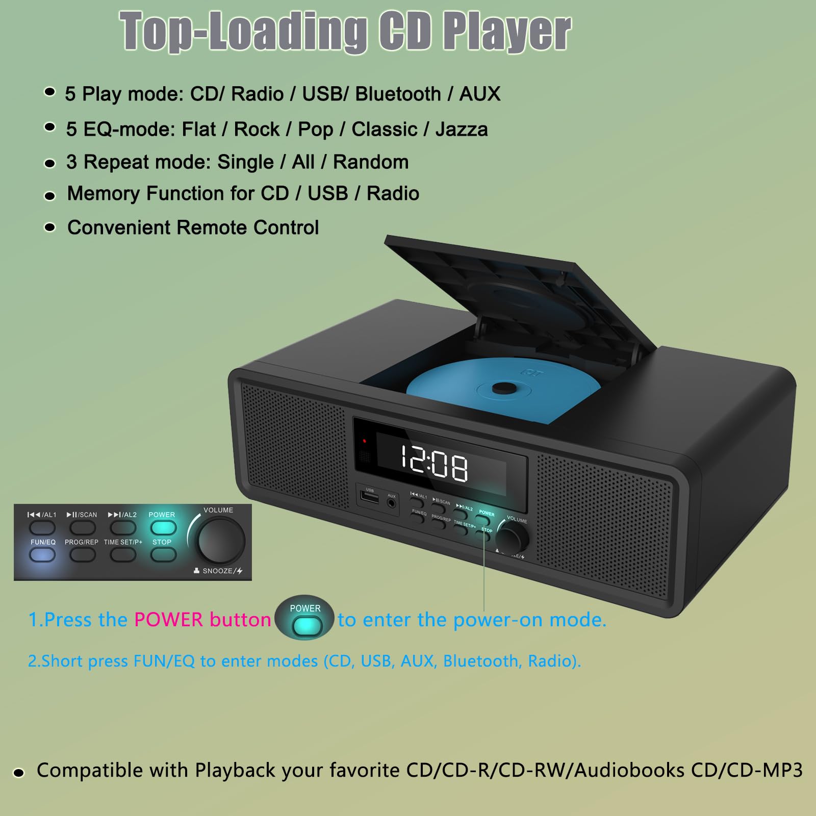 Sistema estéreo compacto para el hogar, reproductor de CD con Bluetooth, radio FM, entrada auxiliar, reproducción USB, reloj digital, doble alarma, reproductor de CD para el hogar