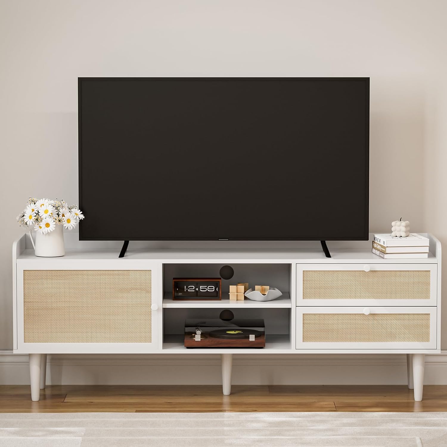 Amazon.com: IKIFLY Rattan TV Stand 75 Inch TV, Mid Century Modern Media ...