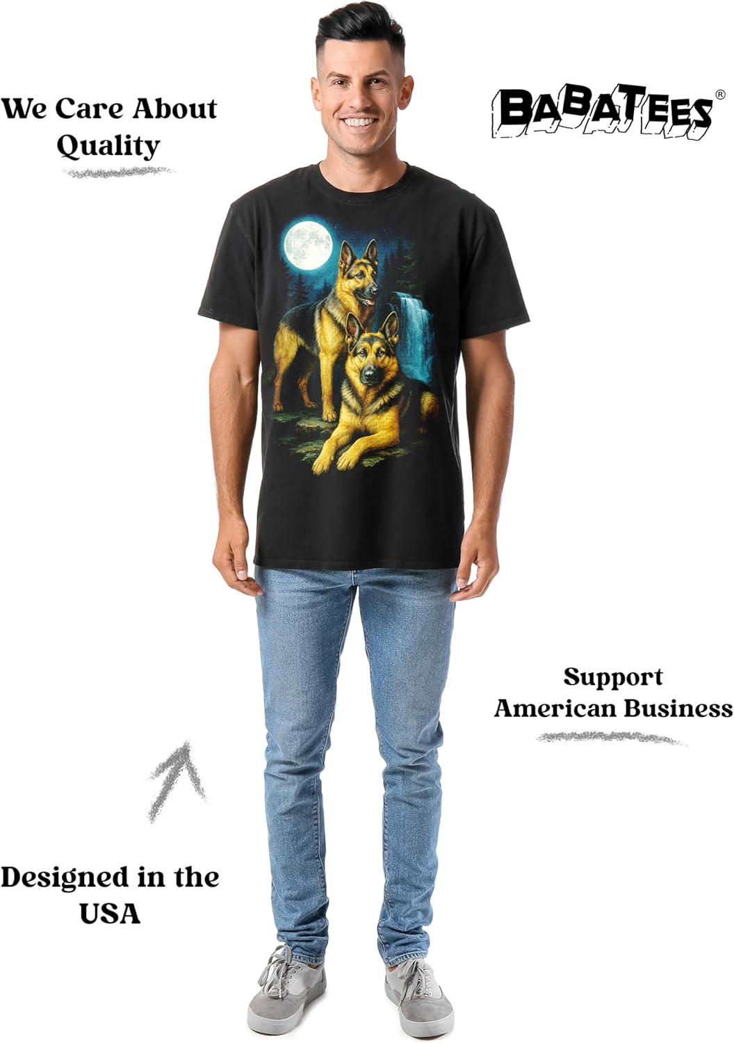 German Shepherd Dog Mom & Dad Tshirt - Epic Moonlit Forest Scene - for Men & Women Pet Owners - Image 4