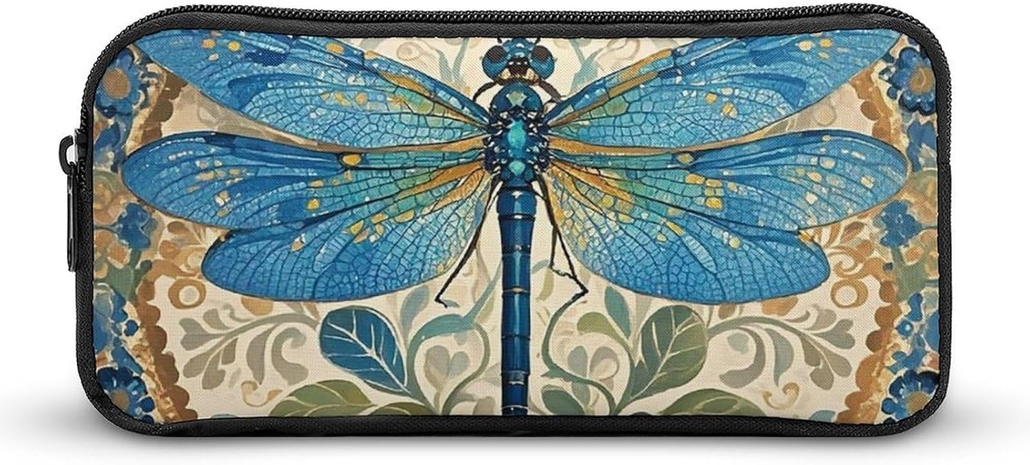 Hand Painted Dragonfly Pencil Case Large Pencil Bag with Zipper