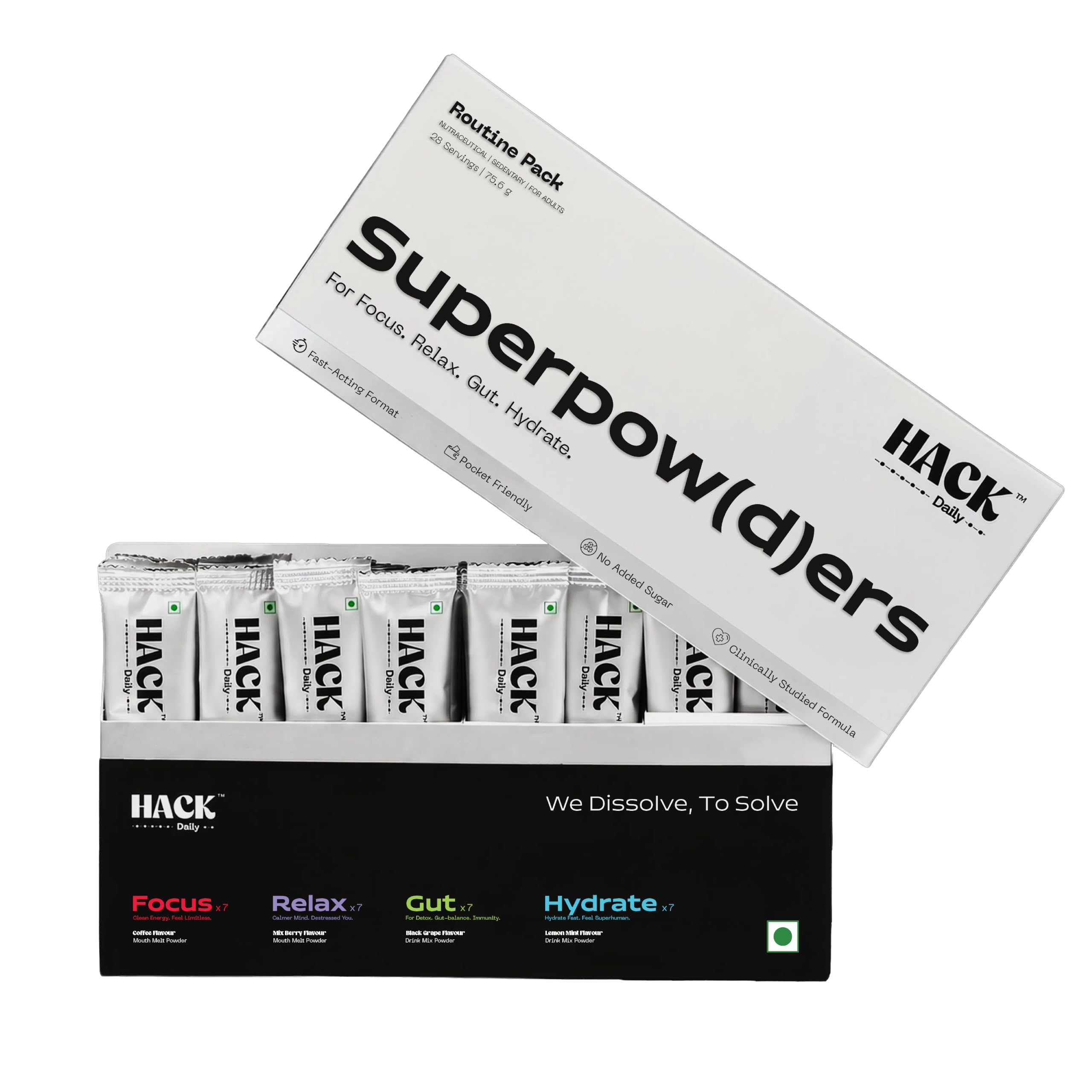 Hack Daily Superpow(d) ers Routine Pack | 28 Mouth-Dissolving Sachets | Focus, Relax, Gut & Hydrate Support | Fast-Acting Wellness Powders | No Added Sugar | 4 Functional Formulas-image-22