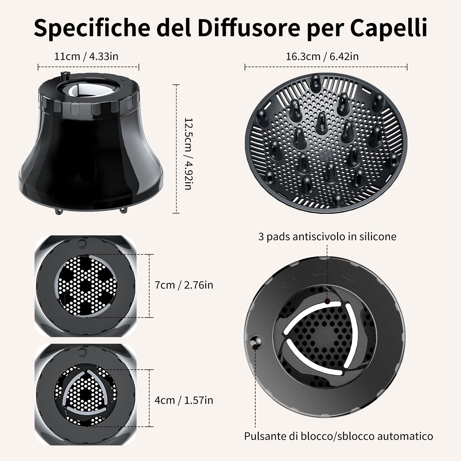 AISEELY Diffusore per Capelli, Universale dei Capelli Diffusore, Diffusore Per Asciugacapelli In Silicone, Diffusore per Capelli Ricci Neri Regolabile da 4cm a 7cm