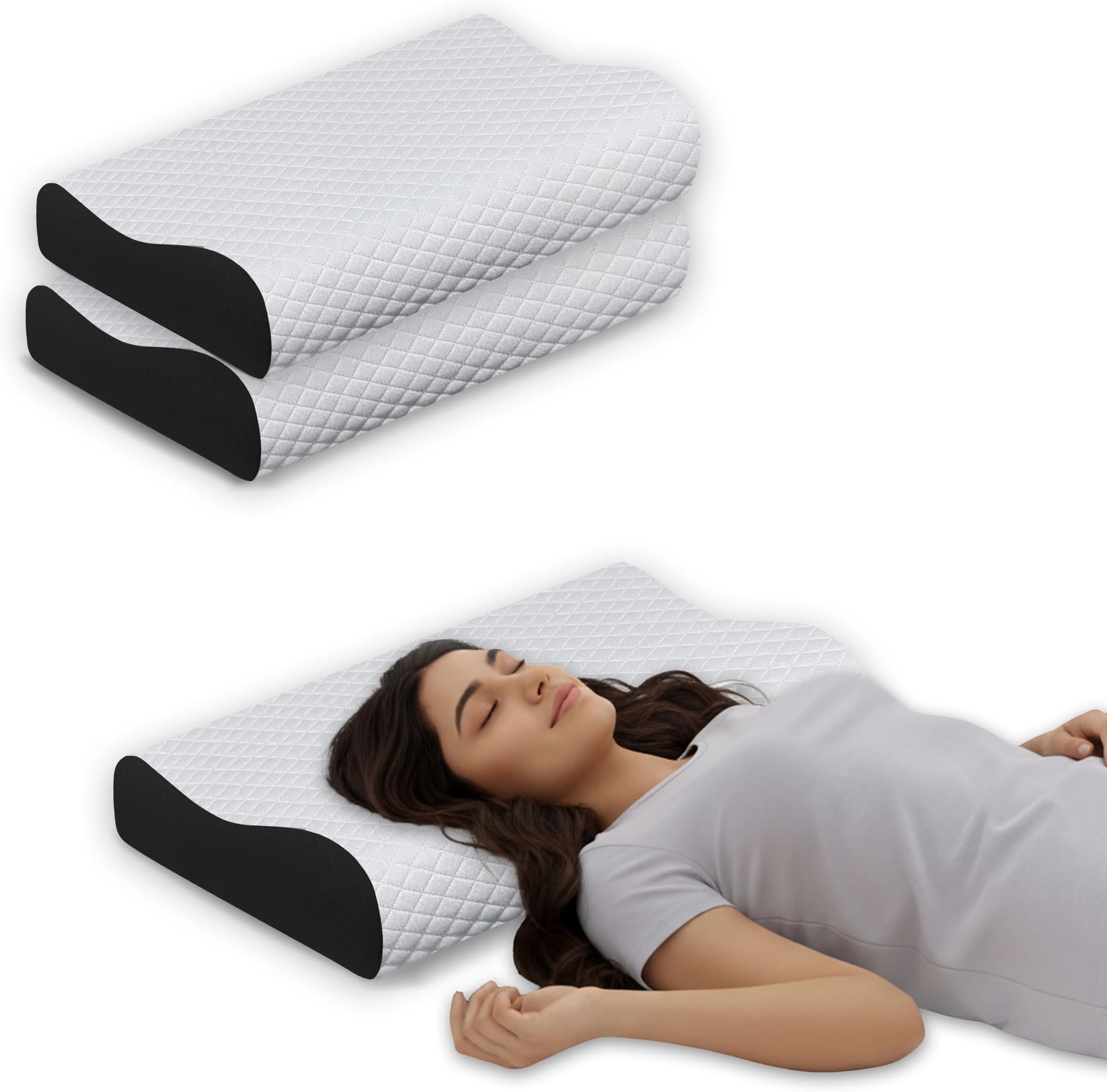 Ergonomic Memory Foam Pillows Set 2, Orthopedic Cervical Contour Breathable Design, Soft Cushion for Neck and Shoulder Support, Washable Cover, Dual Height 6cm & 9cm, Black
