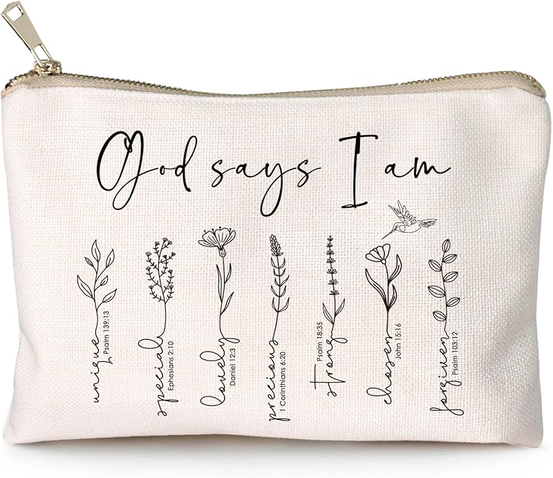 Necessaire de maquiagem HubbgDesign com estampa floral God Says I Am, 20,07 cm x 18,29 cm