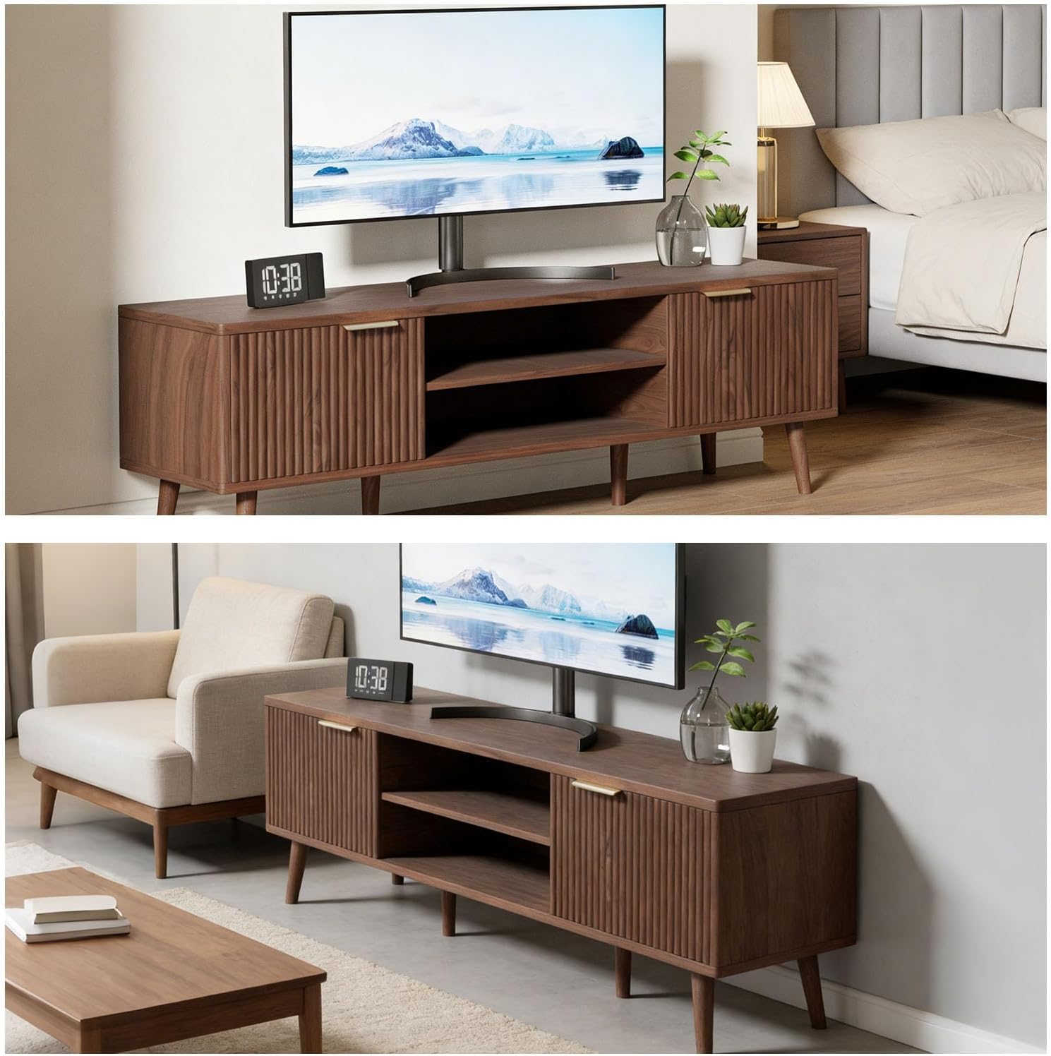 TV Stand for Living Room, Wooden Entertainment Center with Fluted Wave Doors, Media Console Table with Storage Cabinets for 45/50/55/60 inch TV, Suitable for Bedroom (Walnut)