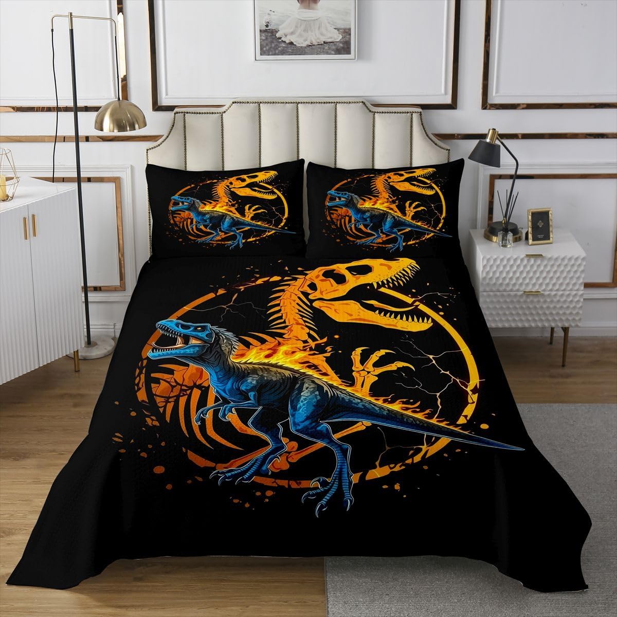 Homewish Blue Dinosaur Quilt Sets King Size,Flaming Dinosaur Bones Bedspread Coverlet 3Pcs for Woman Men Adults Room Decor,Anicent Tale Bedding QuiltsWild Animals Comforter Set,2 Pillowcases