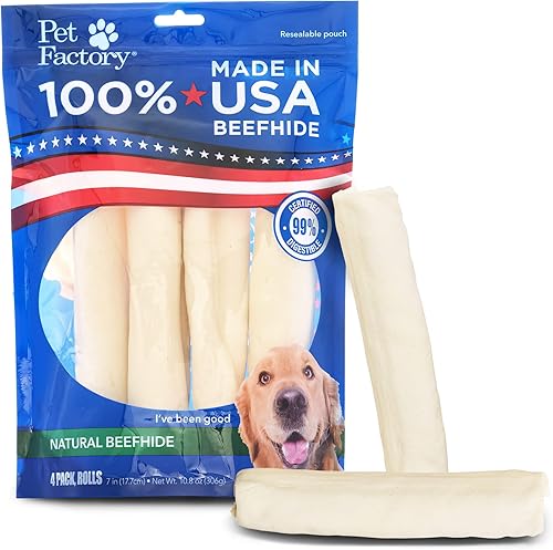 Pet Factory 100 % fabricado en Estados Unidos de piel de res de 7 pulgadas, rollos de golosinas masticables para perros, sabor natural, 4 unidades1