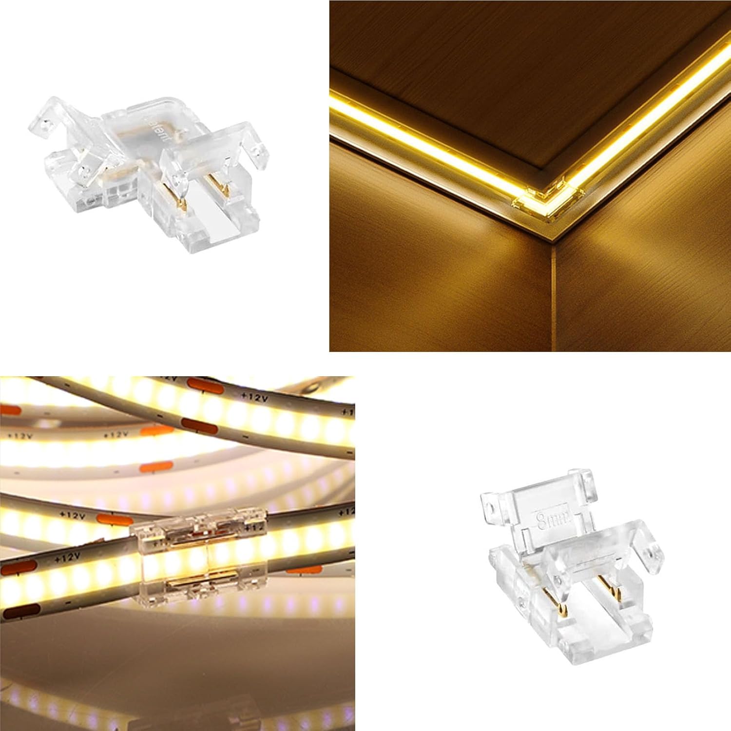 COB LED Strip Connector -4PCS 2pin L Shape Corner Connectors 5PCS Gapless Strip to Strip Connectors for 8mm Single Color Indoors LED Strips