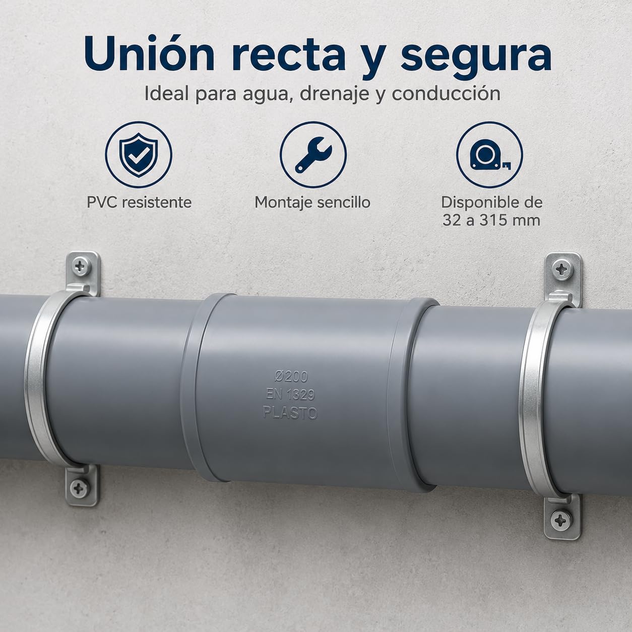 Manguito PVC para Unión de Tuberías de Saneamiento y Evacuación | Conector Recto para Empalmar Tubos PVC | Accesorio de Fontanería Disponible en Varias Medidas (315mm)