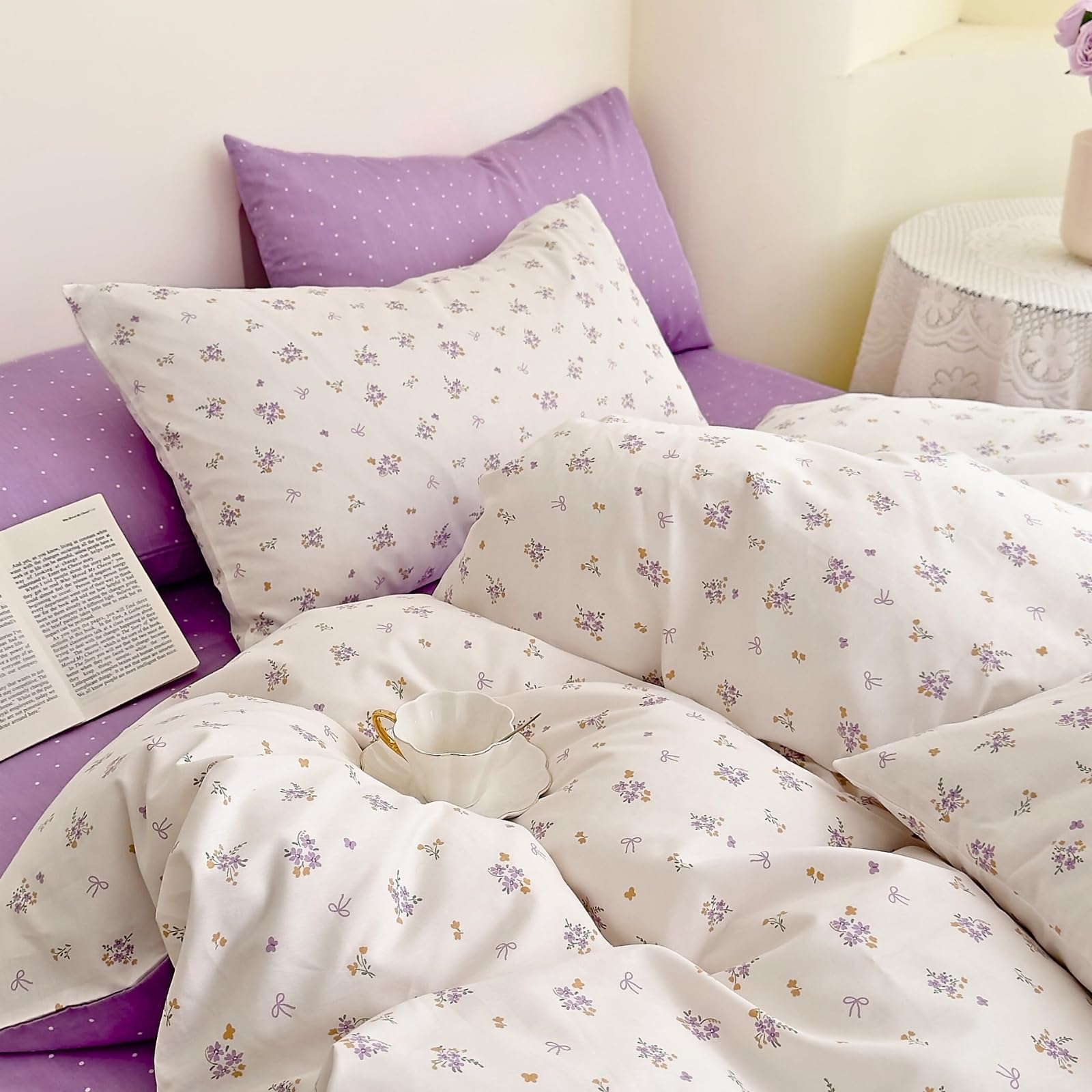 Michorinee King Size Duvet Cover Set Cotton Purple Bow Flowers Yellow Butterfly Print White Aesthetic Kawaii Floral Bedding Girls Quilt Cover 220x230 cm and 2 Pillowcases 50x75 cm Zipper Closure — image 1