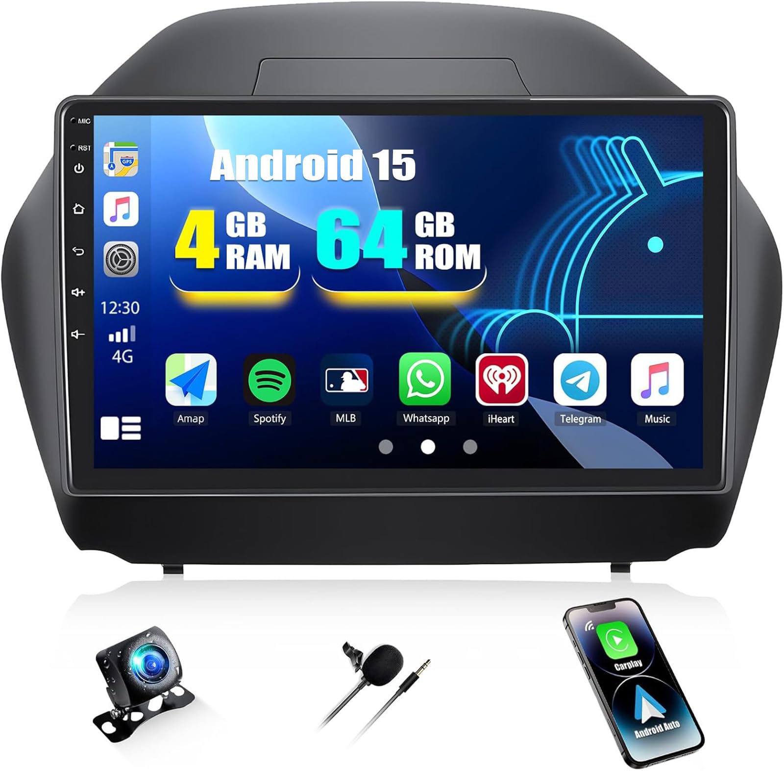 CAMECHO [4+64G 4-Core] Android 15 Carplay Autoradio per Hyundai IX35 (2010-2015), Navi Wireless Carplay, 10" Stereo 2 Din WiFi Android Auto FM/RDS Bluetooth5.0 MirrorLink +Mic+Telecamera Posteriore