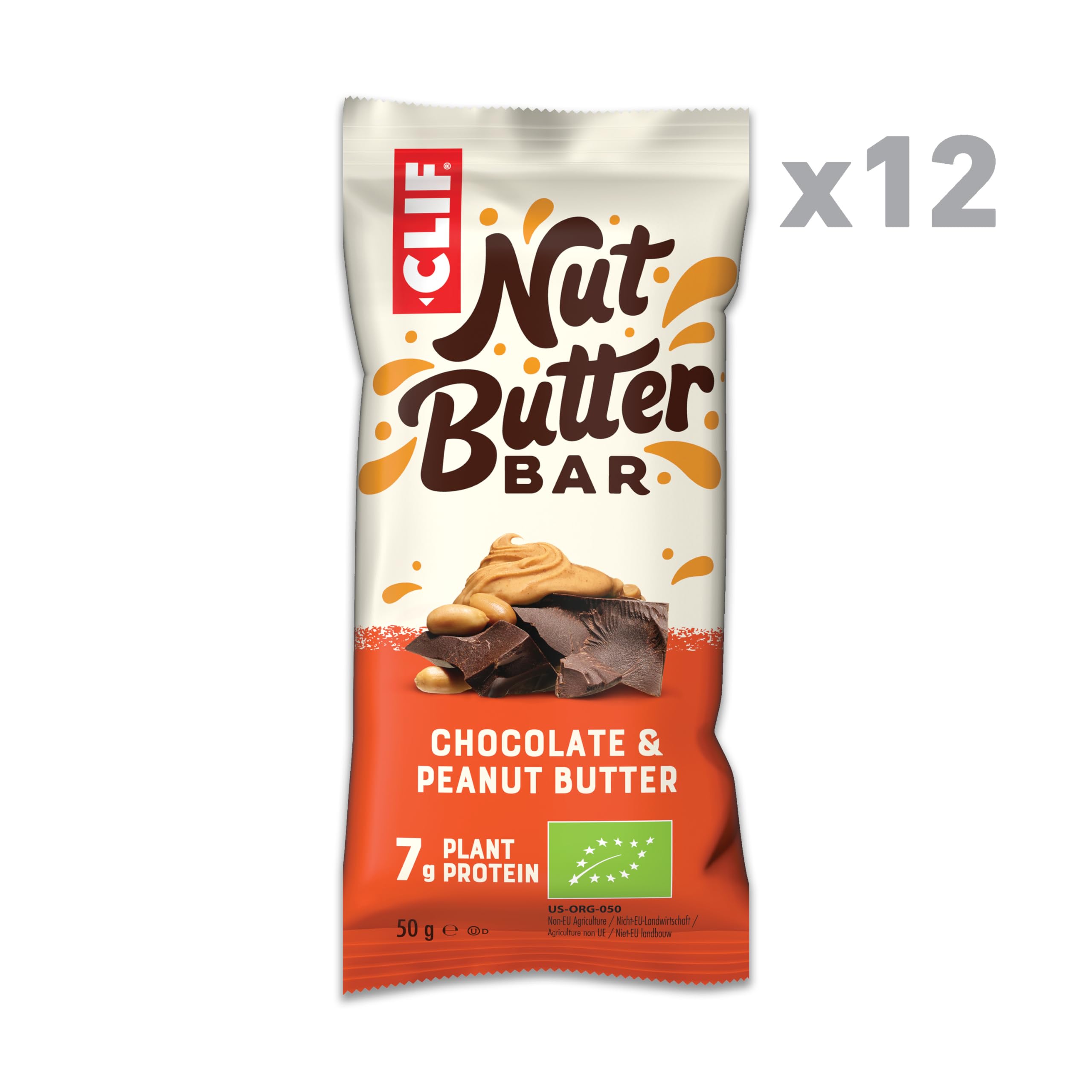 CLIF Bar Nut Butter Bar | Barrita de Proteína con 7g de Proteína Vegetal | Chocolate & Peanut Butter | Barrita Snack Orgánica | 12 x 50 g